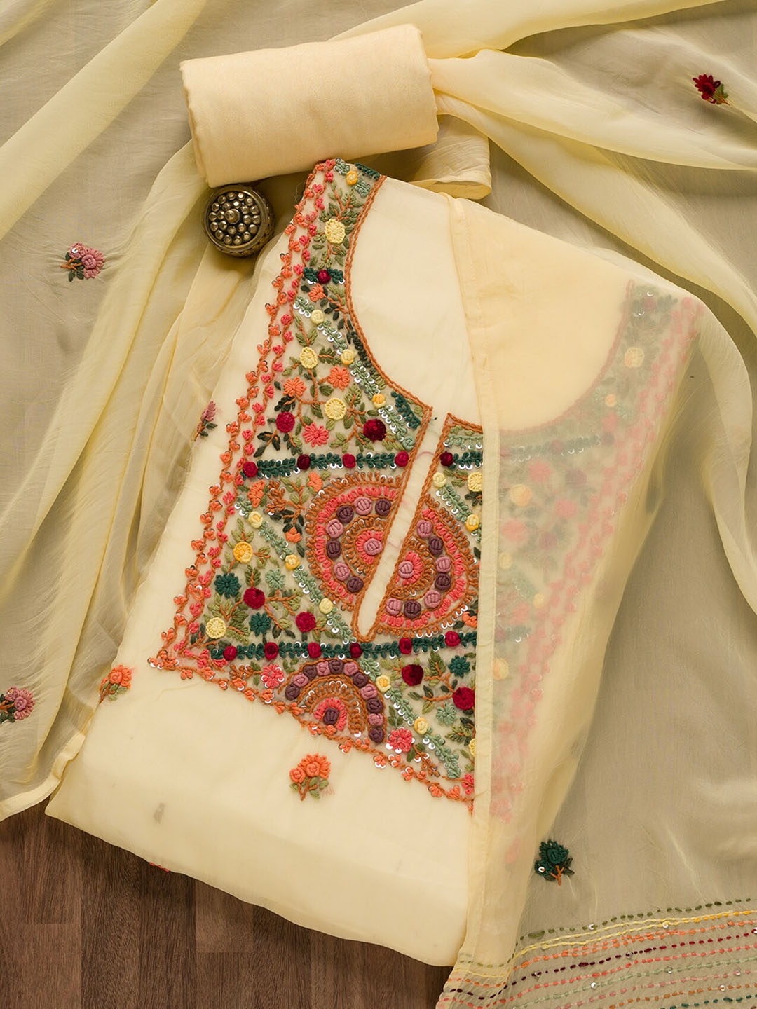 

Koskii Floral Embroidered Sequinned Unstitched Dress Material, Yellow