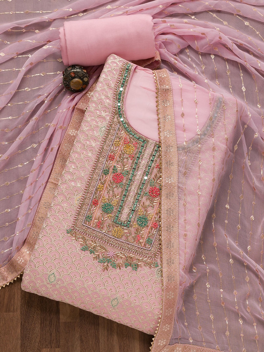 

Koskii Floral Embroidered Sequinned Unstitched Dress Material, Pink