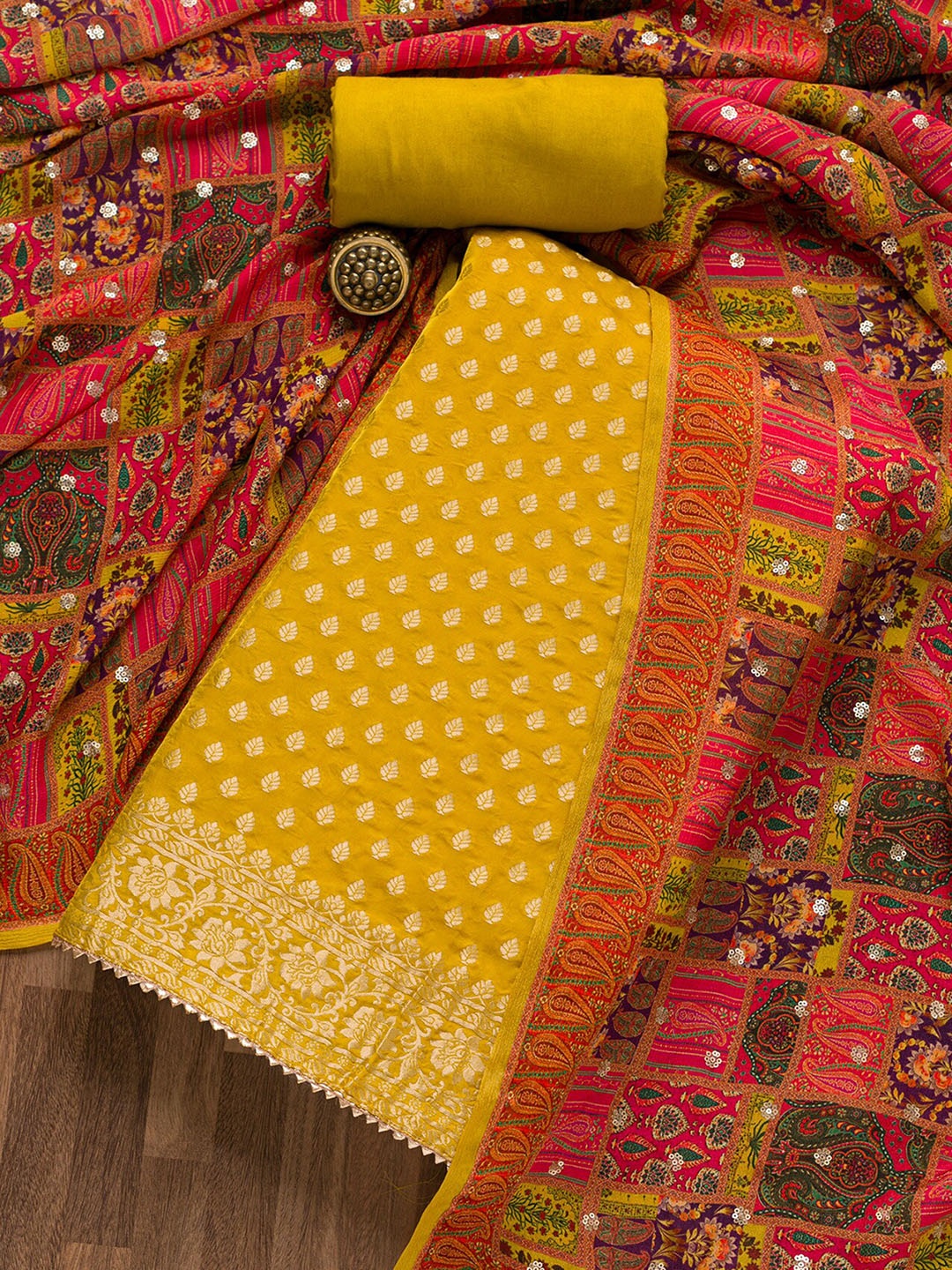 

Koskii Floral Woven Design Sequinned Unstitched Dress Material, Yellow