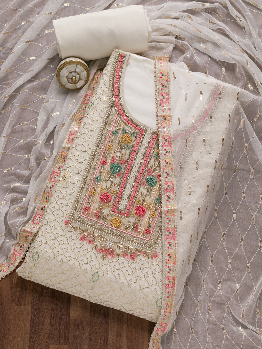 

Koskii Floral Embroidered Sequinned Unstitched Dress Material, White