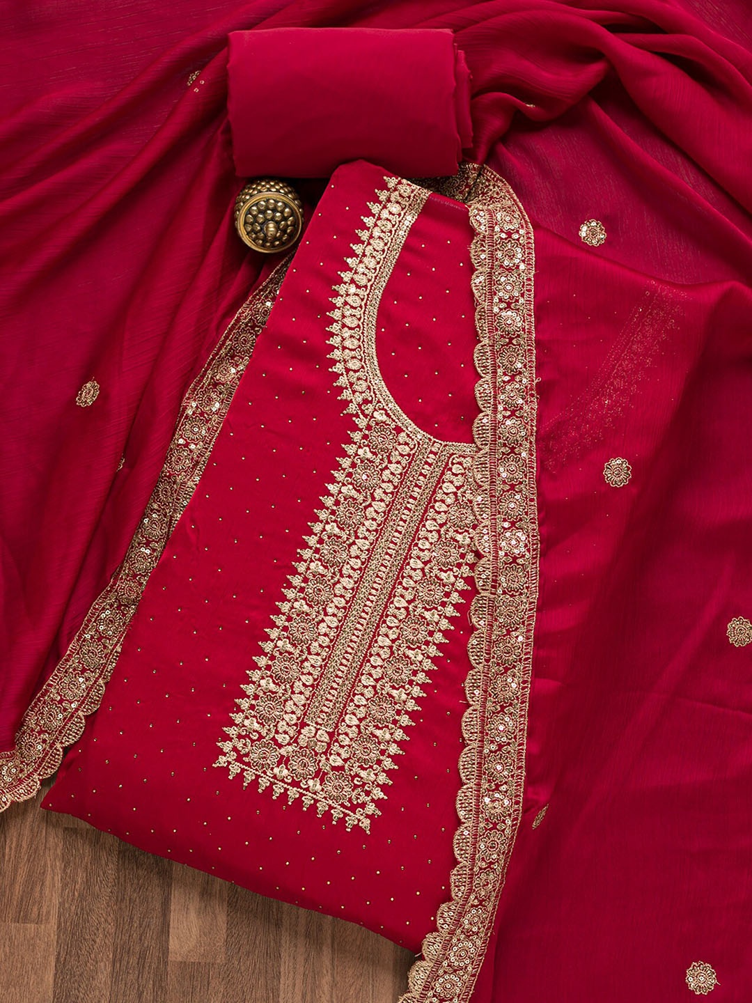 

Koskii Floral Embroidered Sequinned Unstitched Dress Material, Maroon