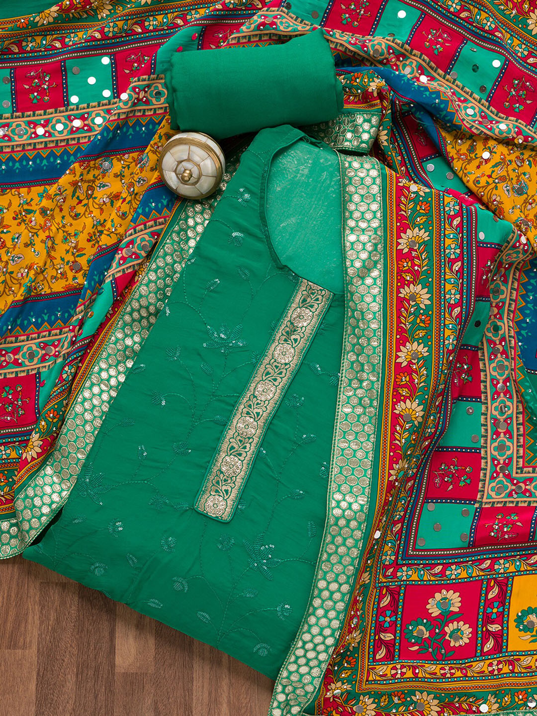 

Koskii Floral Embroidered Sequinned Unstitched Dress Material, Green