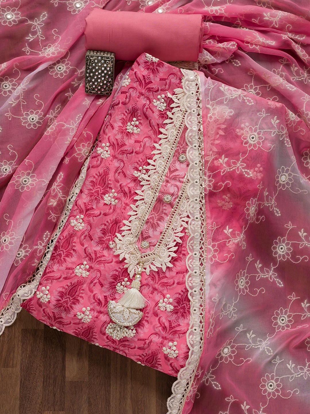 

Koskii Floral Printed Thread Work Detailed Tissue Unstitched Dress Material, Pink