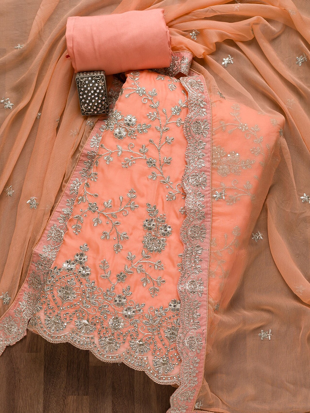 

Koskii Floral Embroidered Beads & Stones Detailed Tissue Unstitched Dress Material, Peach