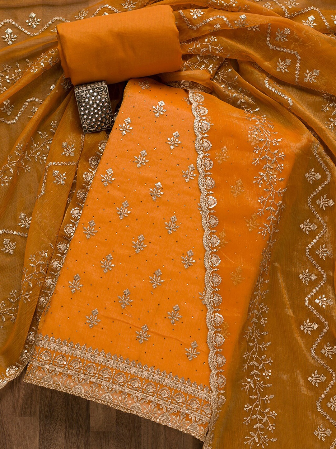 

Koskii Ethnic Motifs Embroidered Sequinned Detailed Unstitched Dress Material, Mustard