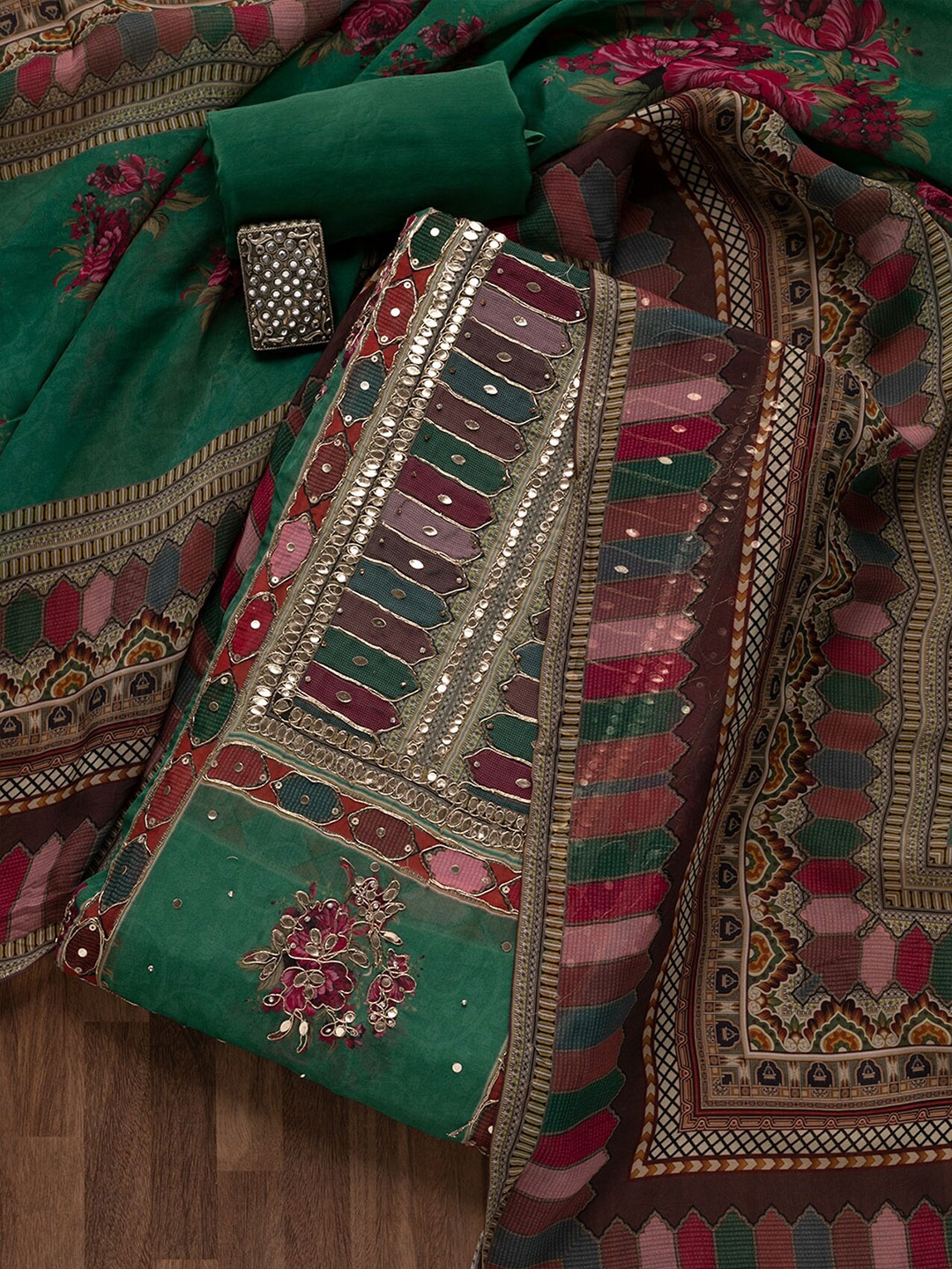 

Koskii Ethnic Motifs Embroidered Beads & Stones Detailed Unstitched Dress Material, Green