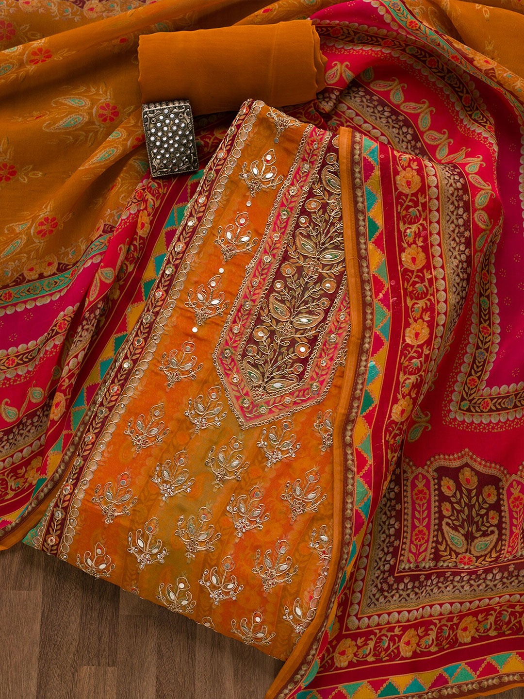

Koskii Ethnic Motifs Embroidered Beads & Stones Detailed Tissue Unstitched Dress Material, Mustard