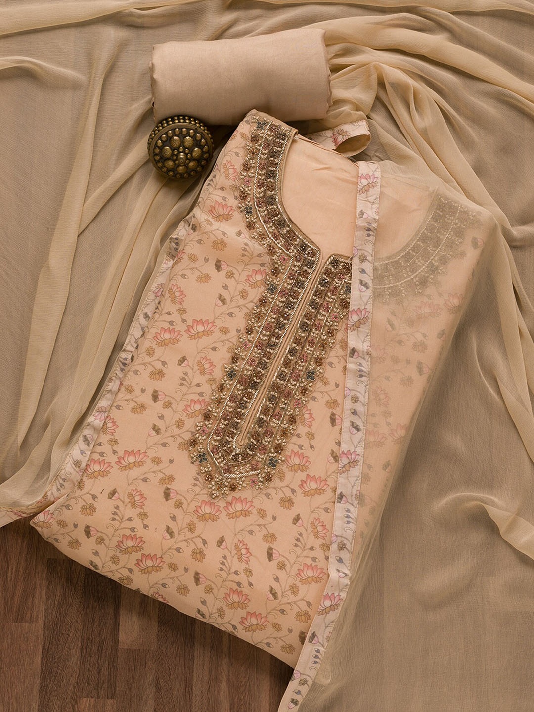 

Koskii Floral Printed Beads & Stones Detailed Organza Unstitched Dress Material, Beige