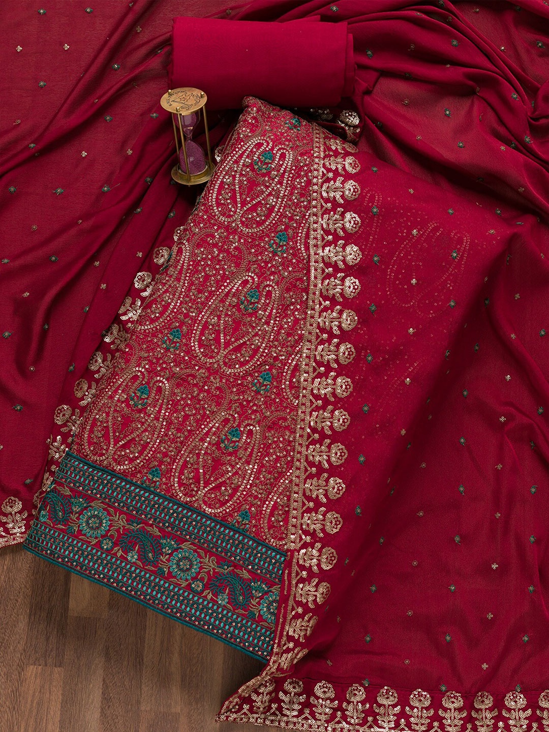 

Koskii Paisley Embroidered Sequinned Detailed Unstitched Dress Material, Maroon