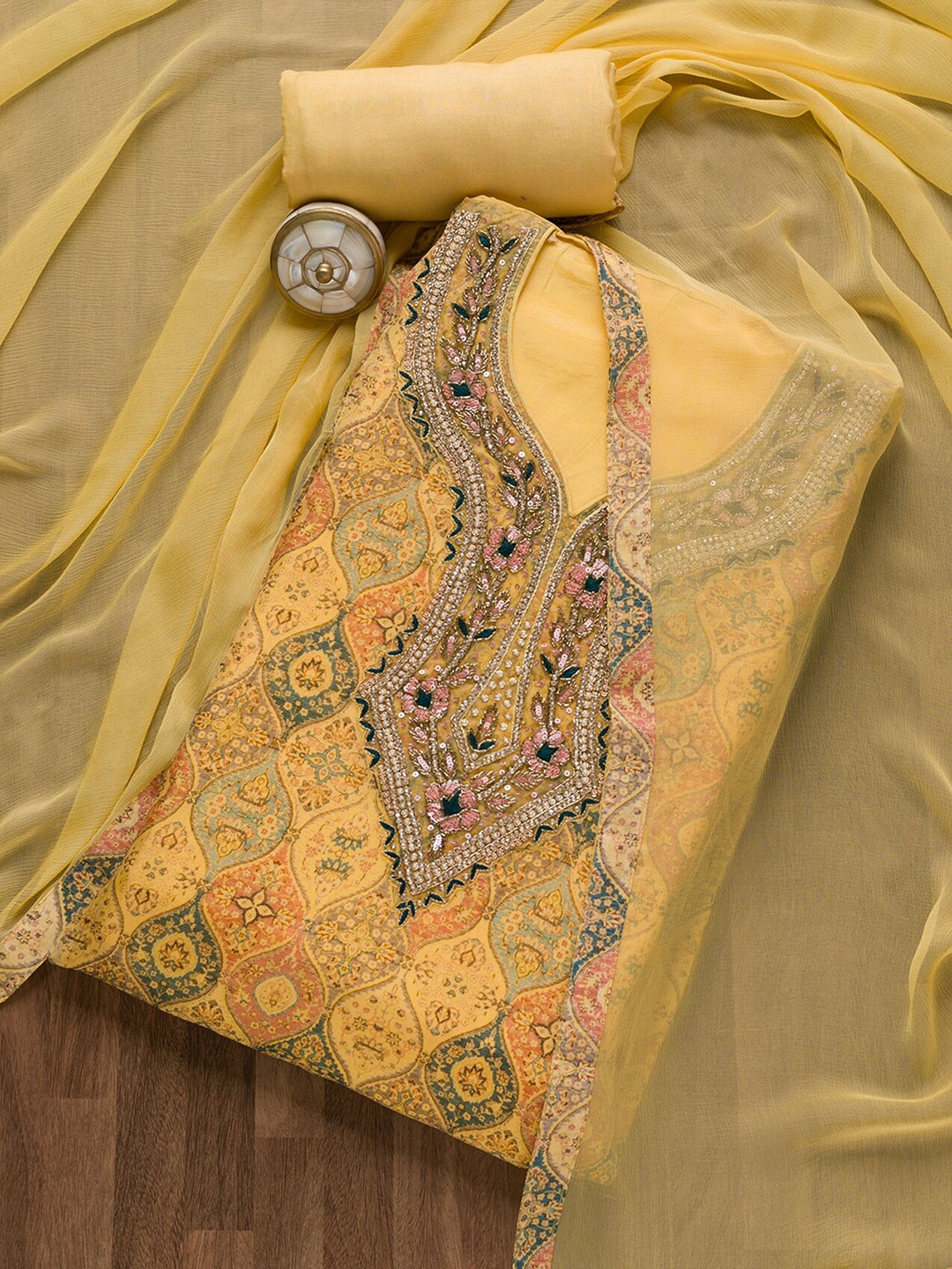 

Koskii Ethnic Motifs Printed Beads & Stones Detailed Tissue Unstitched Dress Material, Yellow