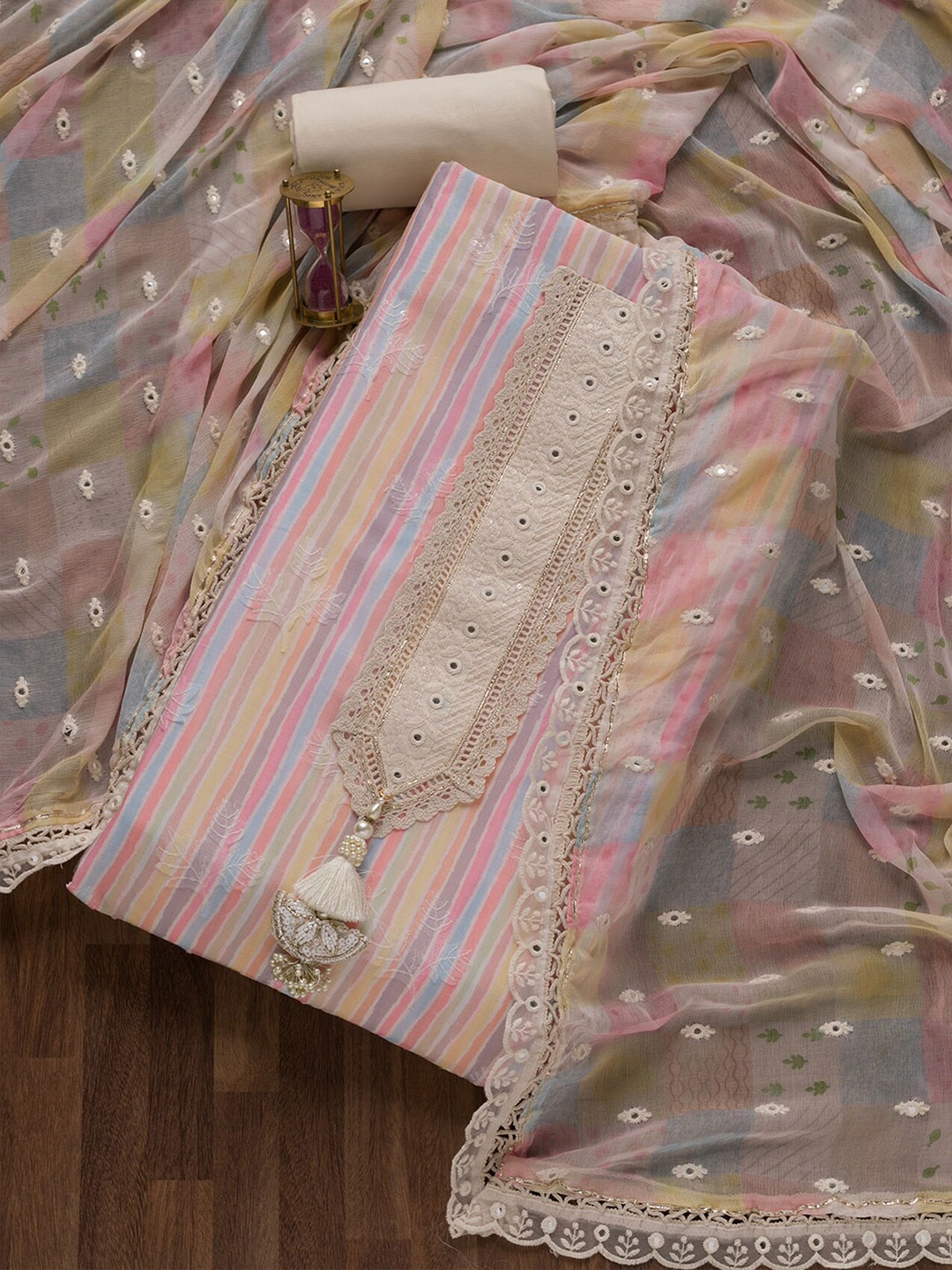 

Koskii Striped Thread Work Detailed Pure Cotton Unstitched Dress Material, Cream
