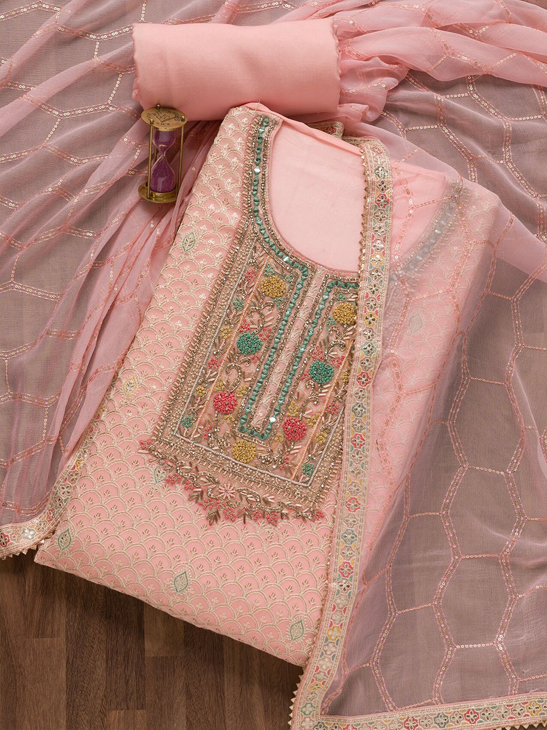 

Koskii Embroidered Sequined Unstitched Dress Material, Peach