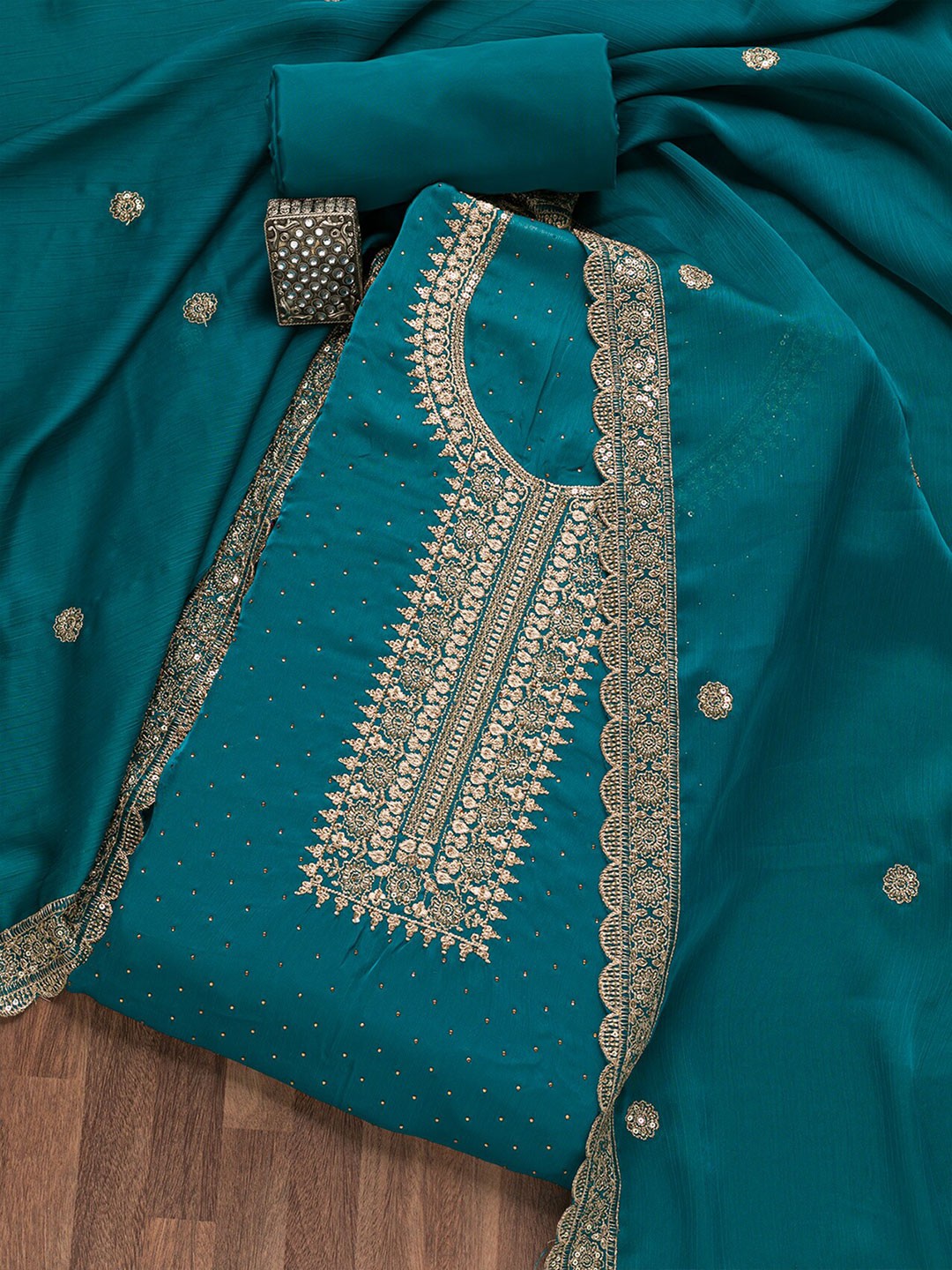 

Koskii Embroidered Zari Sequined Unstitched Dress Material, Blue