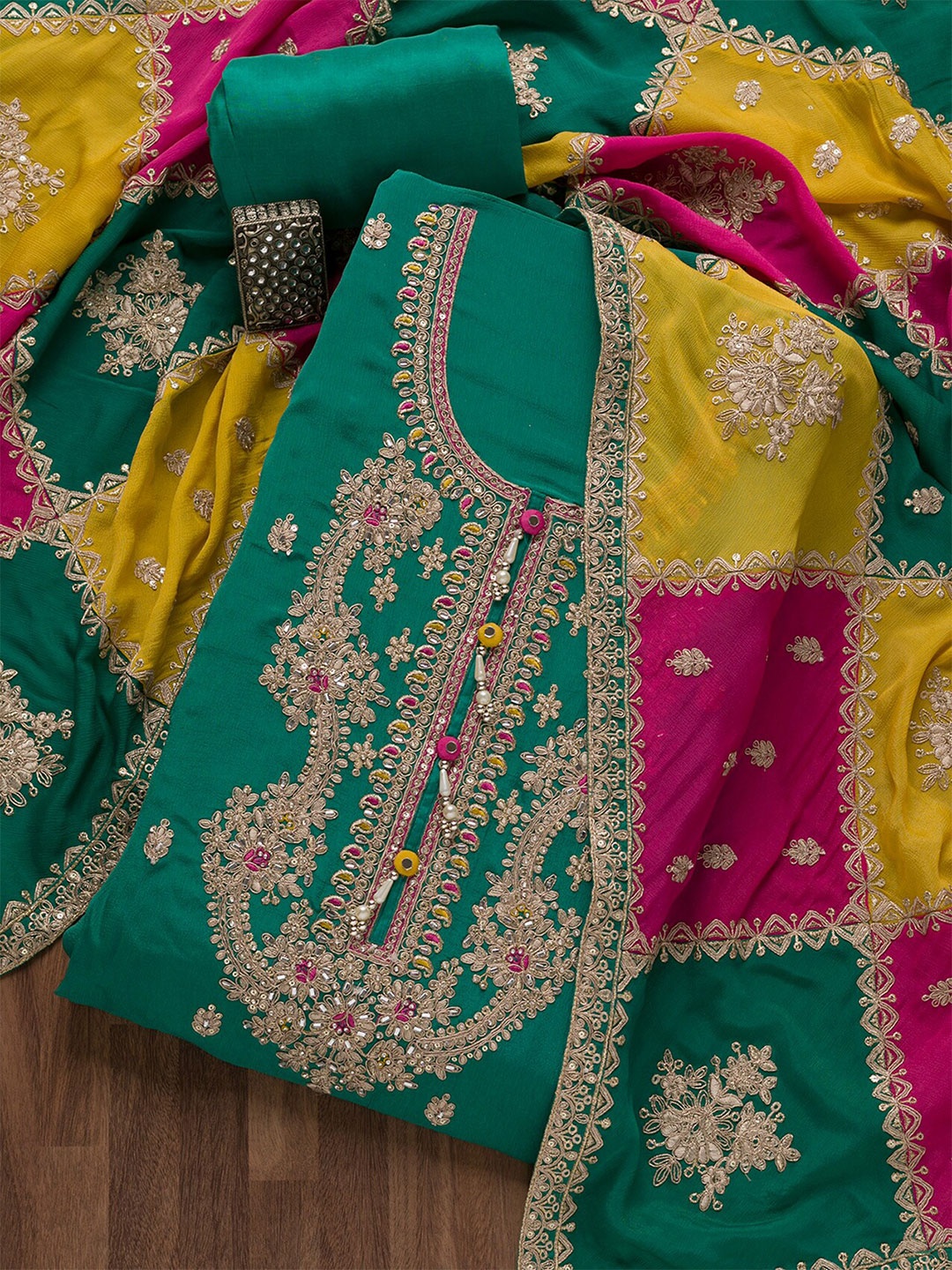 

Koskii Ethnic Motifs Embroidered Zari Sequined Unstitched Dress Material, Green