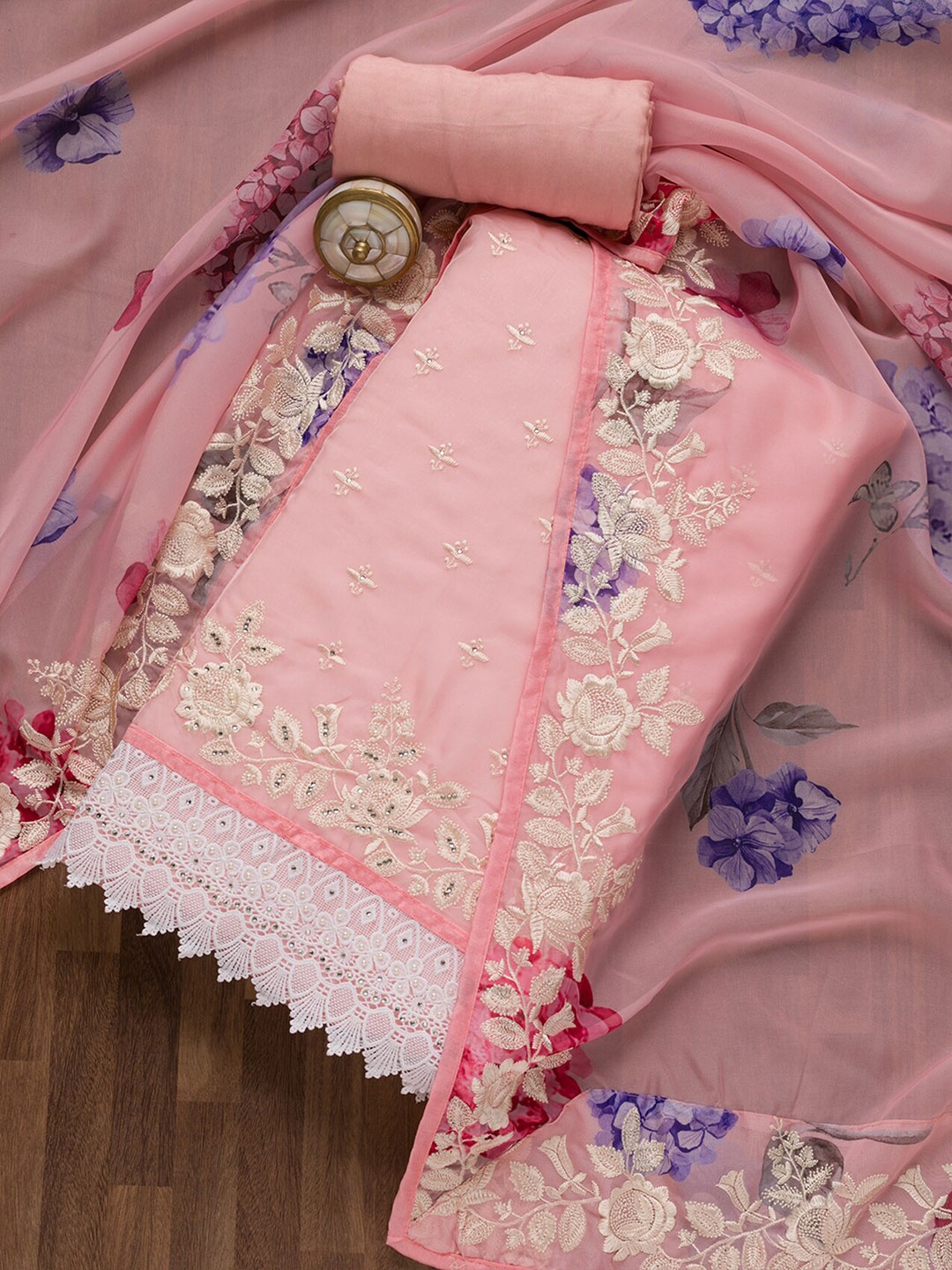 

Koskii Embroidered Organza Unstitched Dress Material, Pink