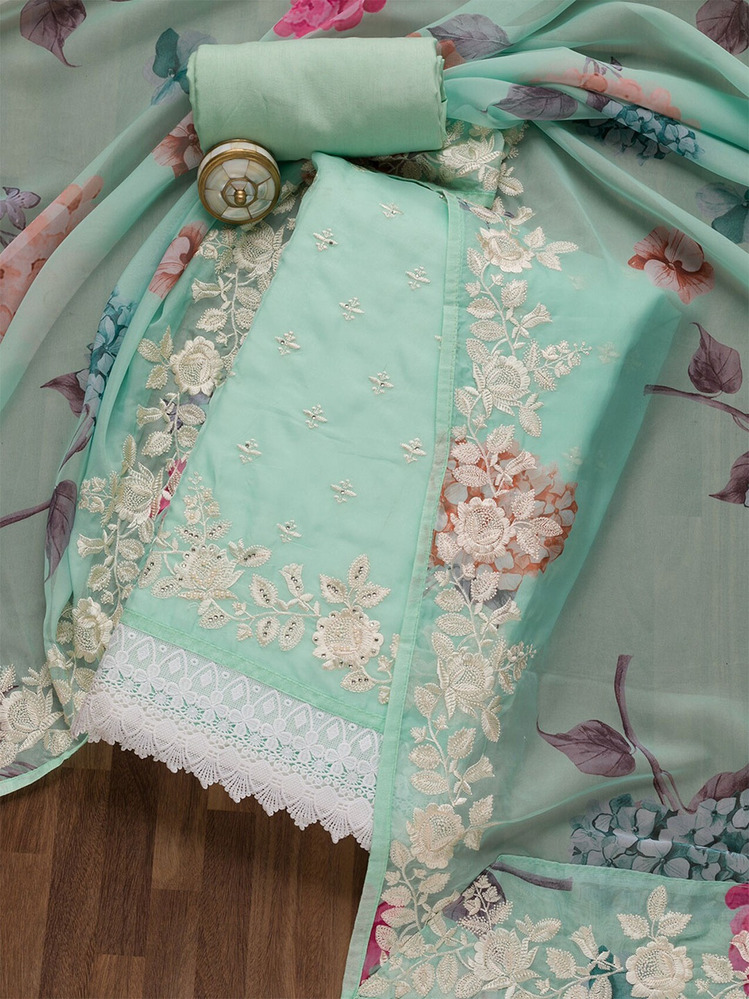 

Koskii Ethnic Motifs Embroidered Organza Unstitched Dress Material, Sea green
