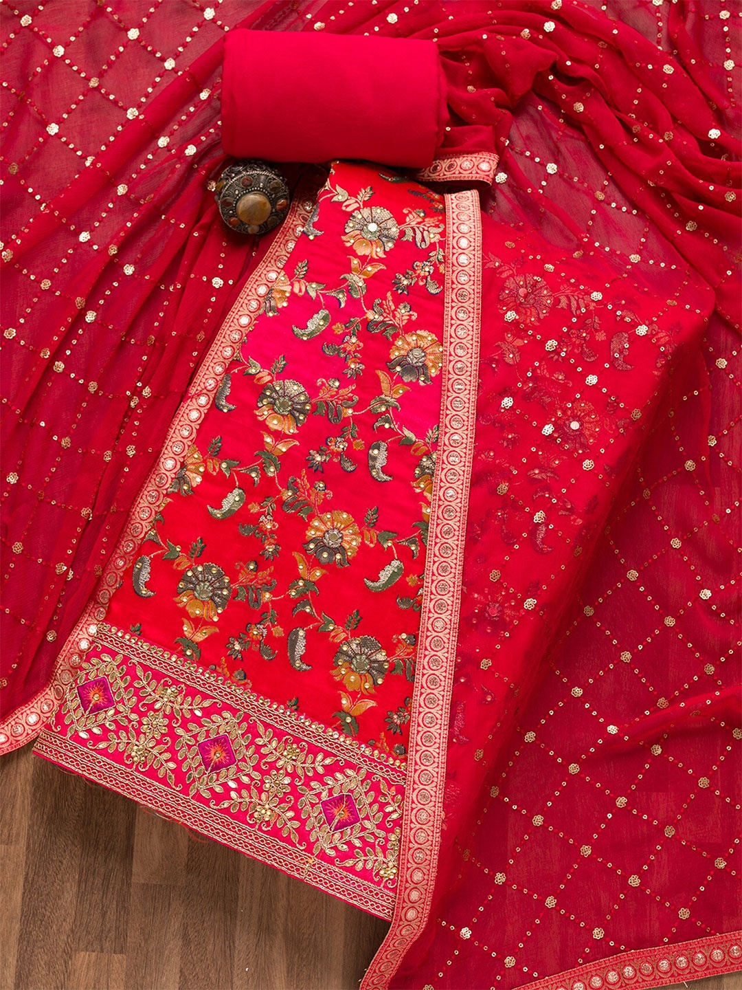 

Koskii Floral Printed Sequined Banarasi Silk Unstitched Dress Material, Red
