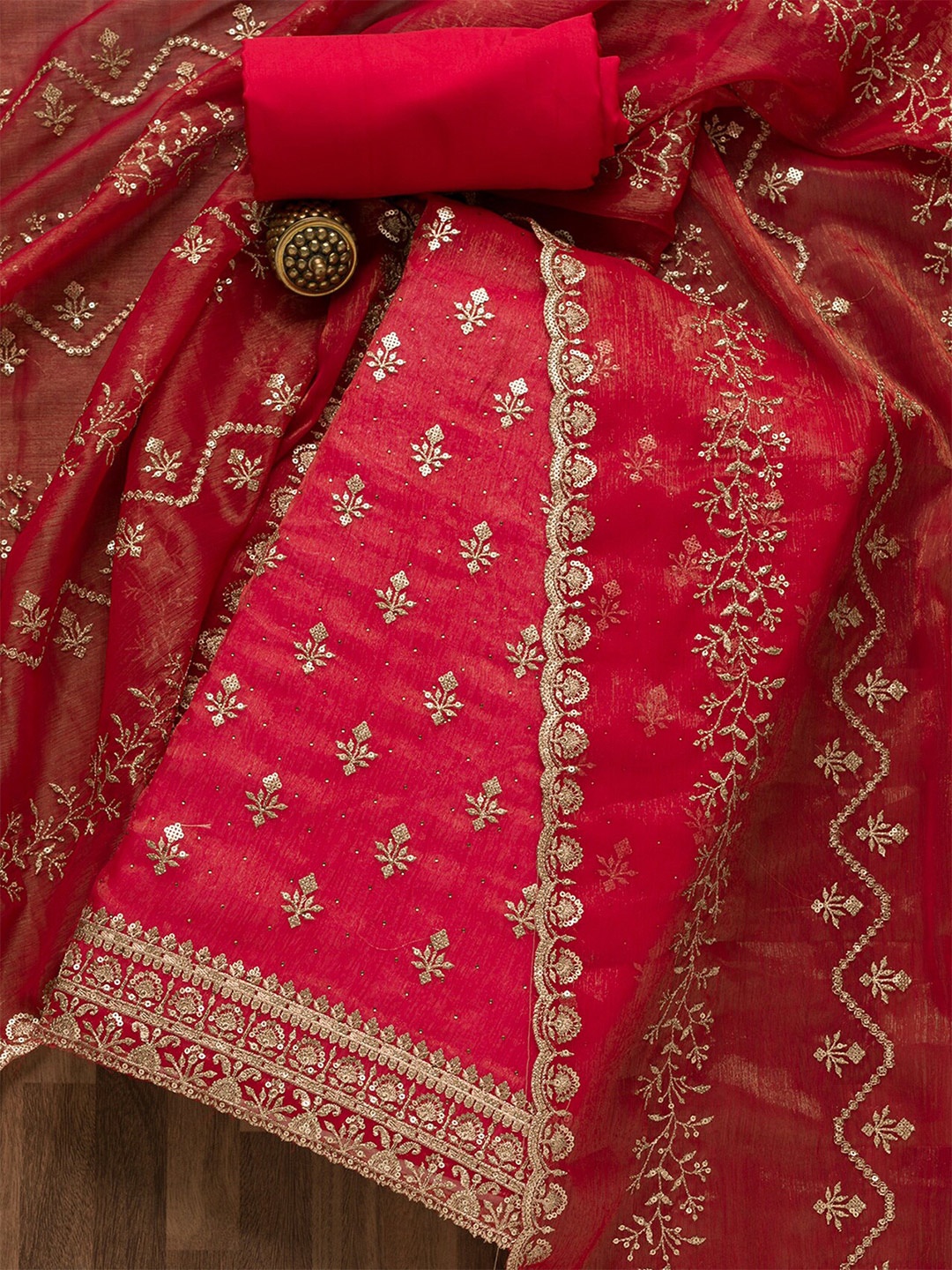 

Koskii Embroidered Zari Detail Unstitched Dress Material, Red