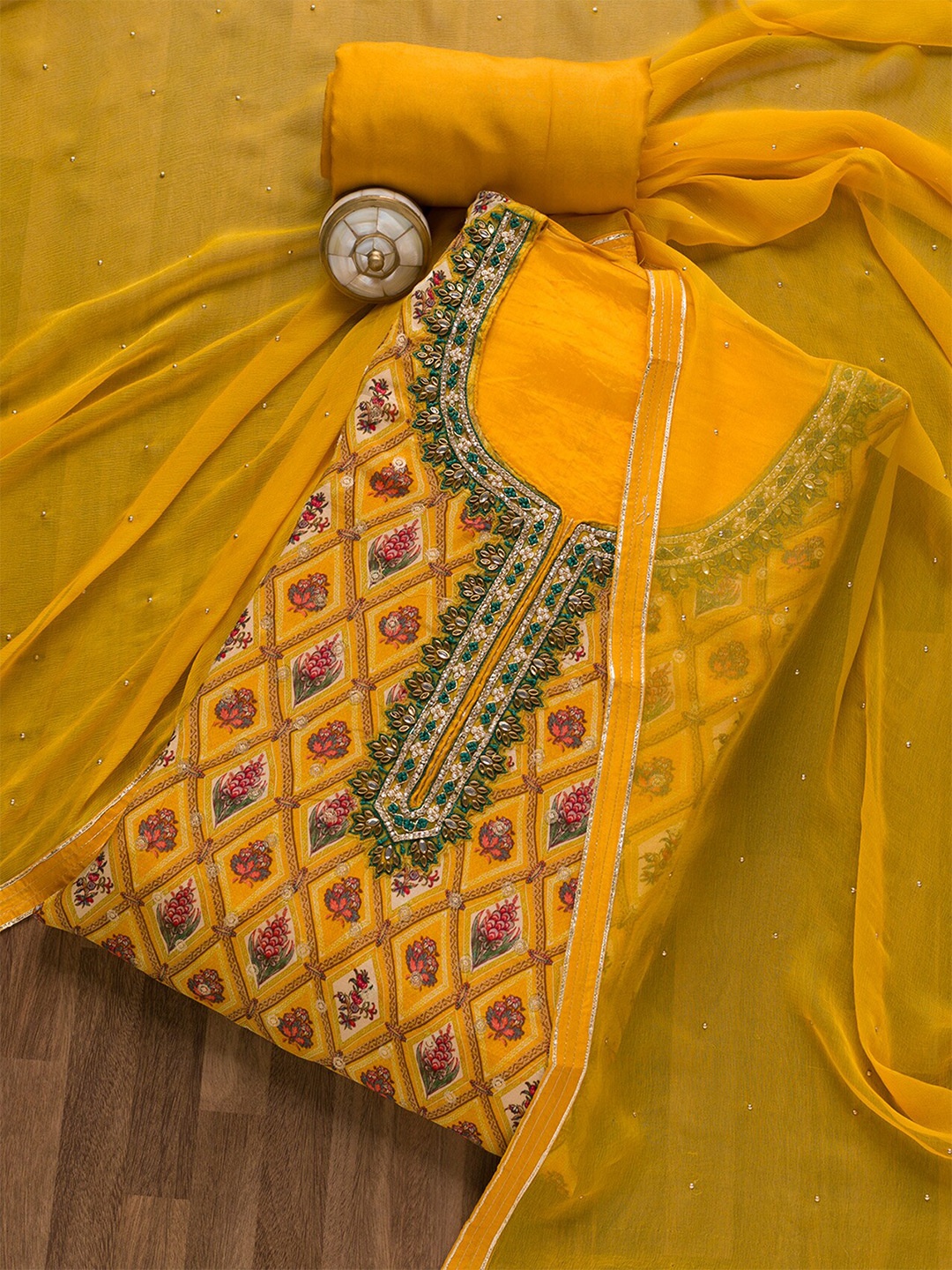 

Koskii Floral Printed Stone Work Unstitched Dress Material, Yellow