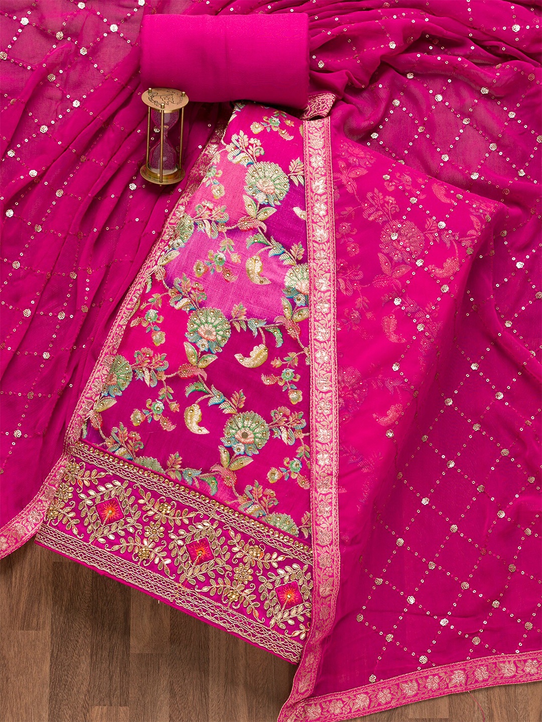 

Koskii Floral Printed Stone Work Banarasi Silk Unstitched Dress Material, Pink