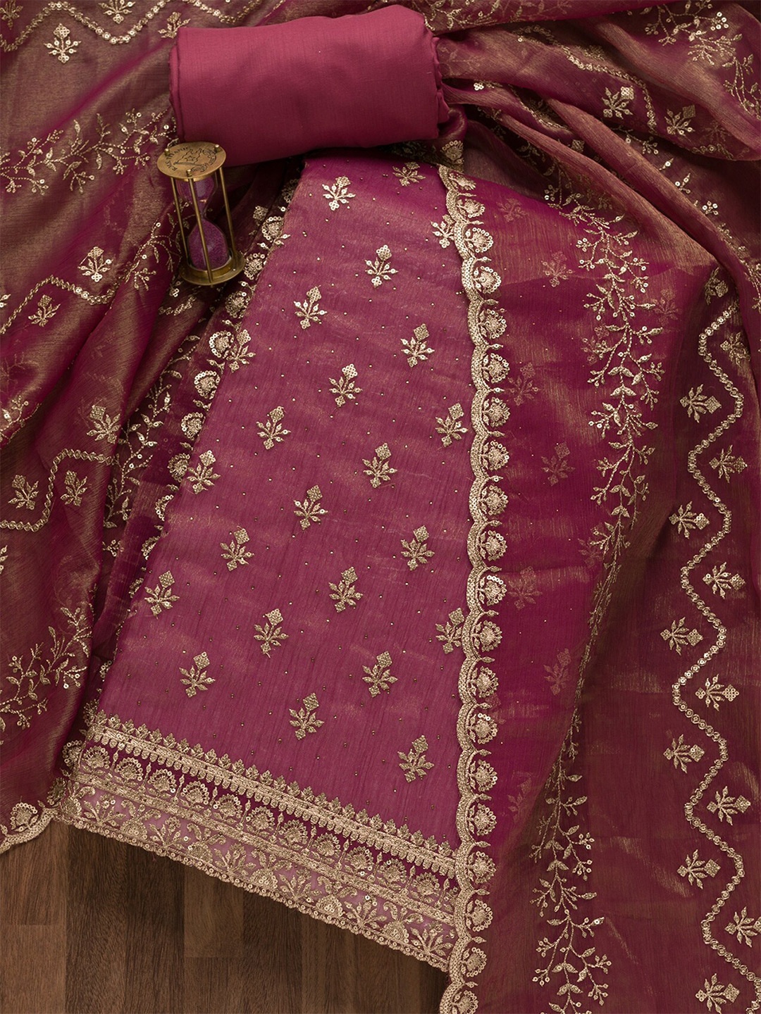 

Koskii Embroidered Sequined Unstitched Dress Material, Magenta