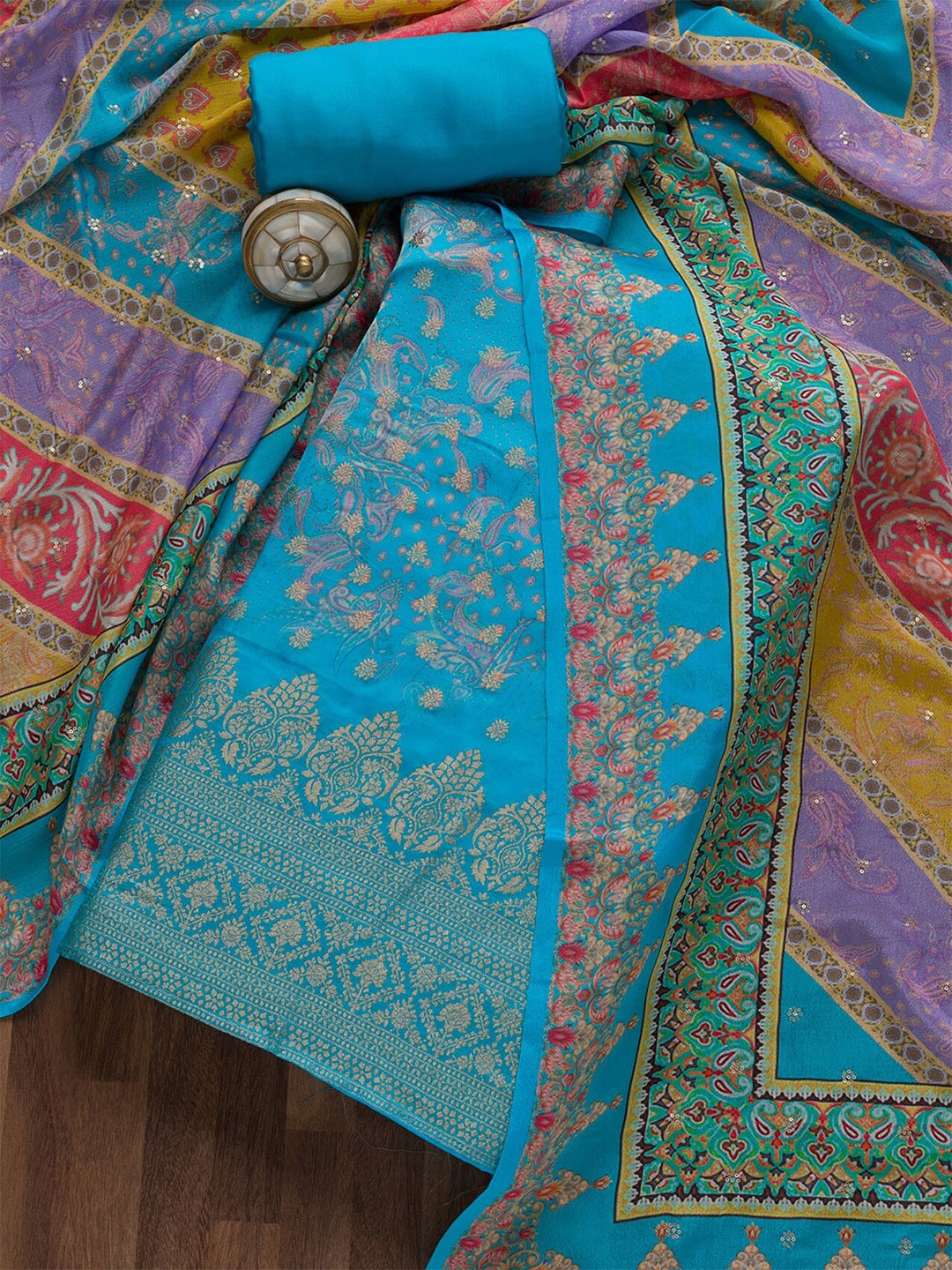 

Koskii Ethnic Woven Design Zari Unstitched Dress Material, Blue