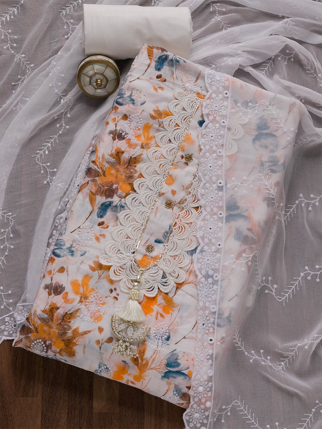 

Koskii Embroidered Pure Cotton Unstitched Dress Material, White