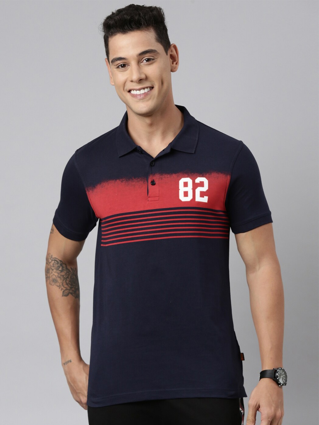 

DIXCY SCOTT Colourblocked Polo Collar Short Sleeves Applique Cotton T-shirt, Blue