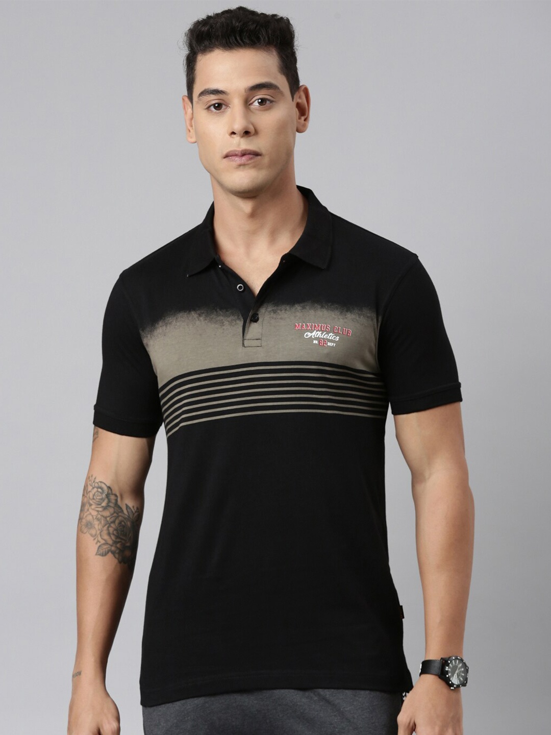 

DIXCY SCOTT Striped Polo Collar Cotton T-shirt, Black