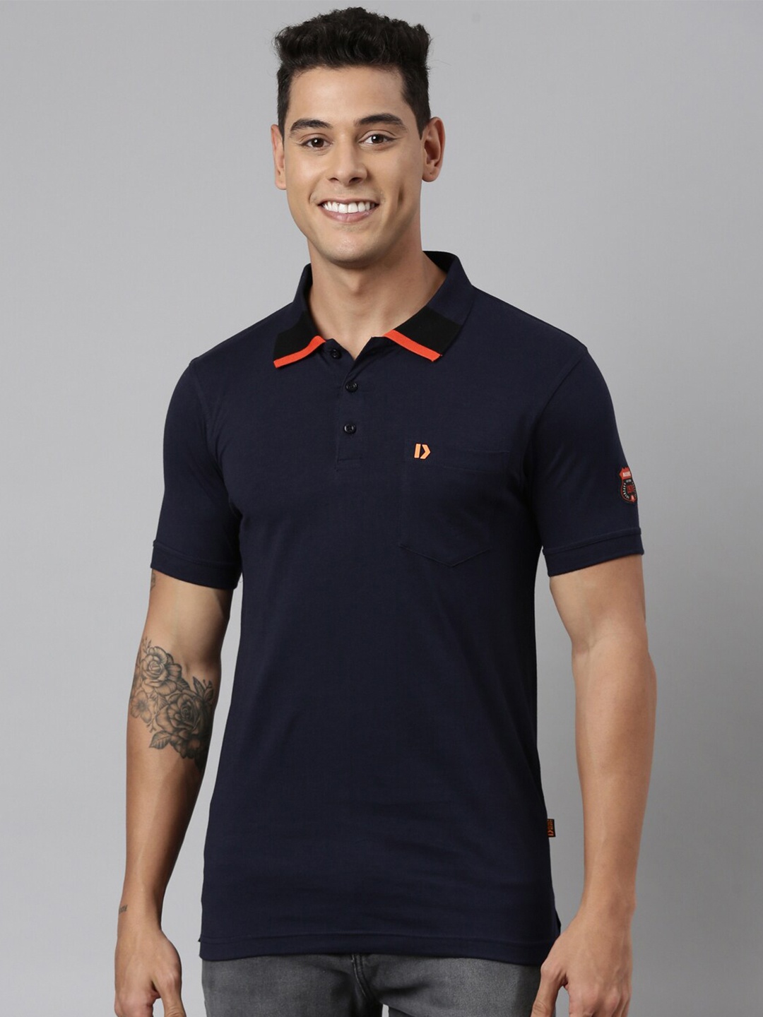 

DIXCY SCOTT Men's Solid 100% Cotton Brand Logo Polo Collar T-shirt (Blue)