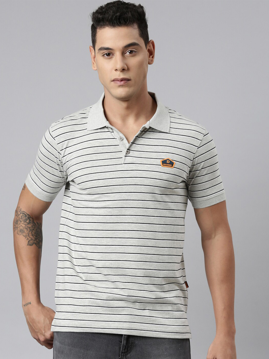 

DIXCY SCOTT Striped Polo Collar Cotton T-shirt, Grey
