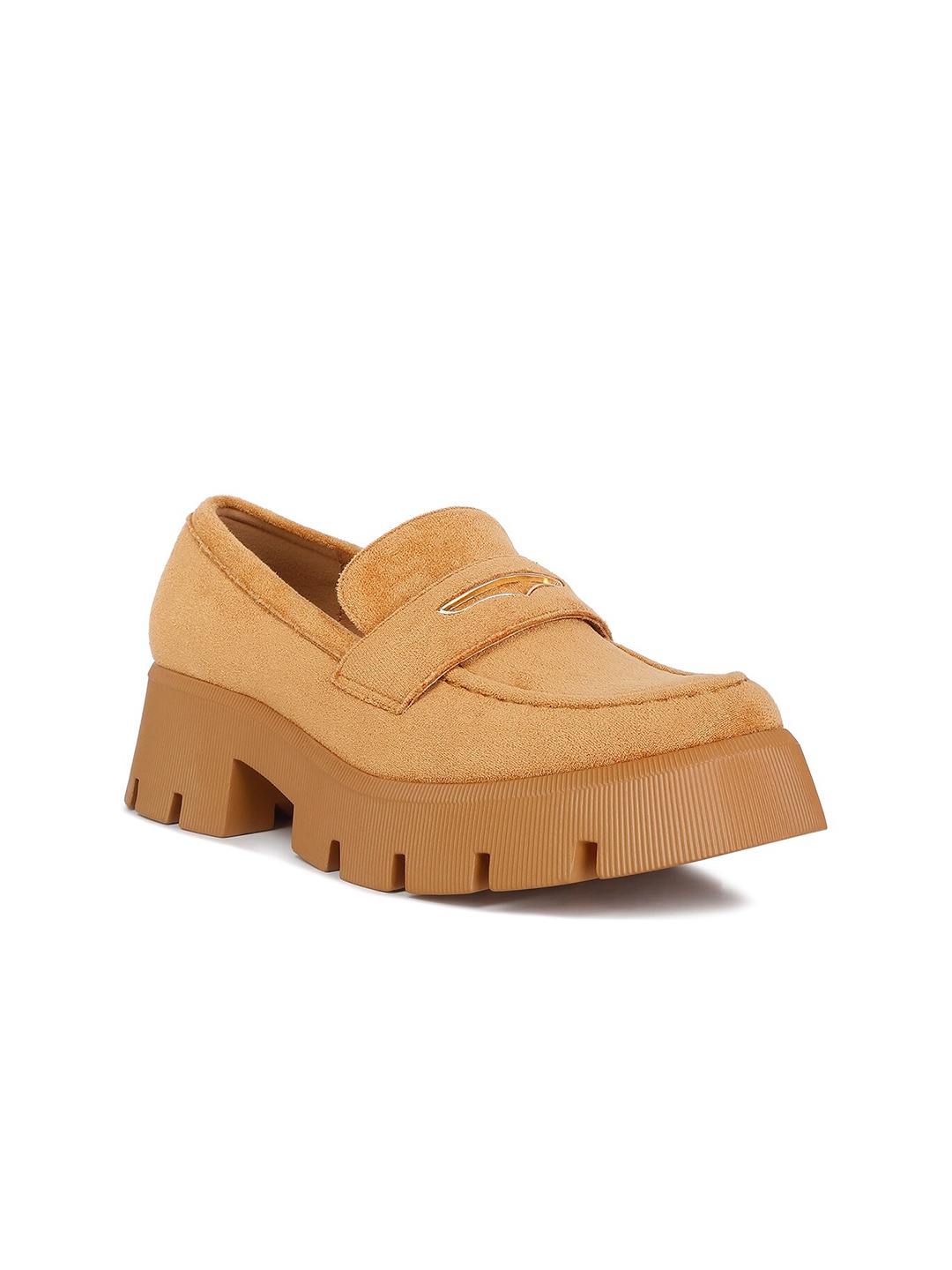 

London Rag Women Heeled Micro Suede Chunky Penny Loafers, Tan