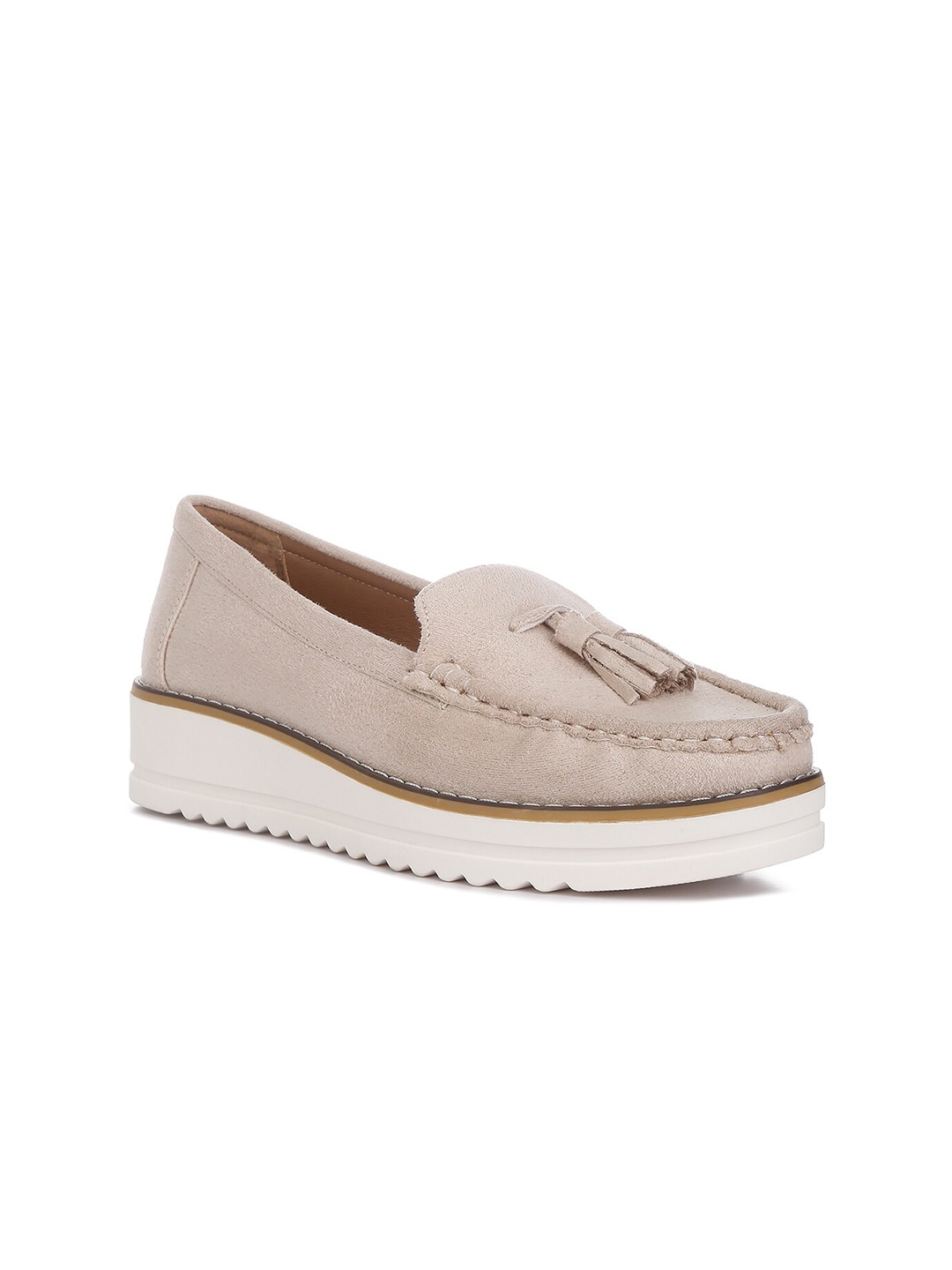 

London Rag Women Platform Lug Sole Suede Tassel Loafers, Beige