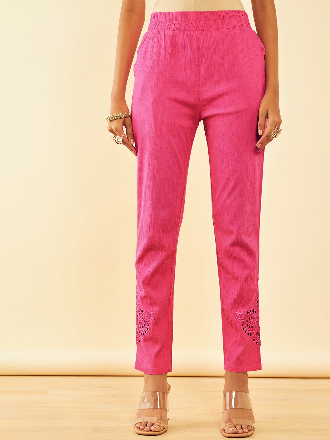 

Soch Women Pink Floral Embroidered Cotton Trouser