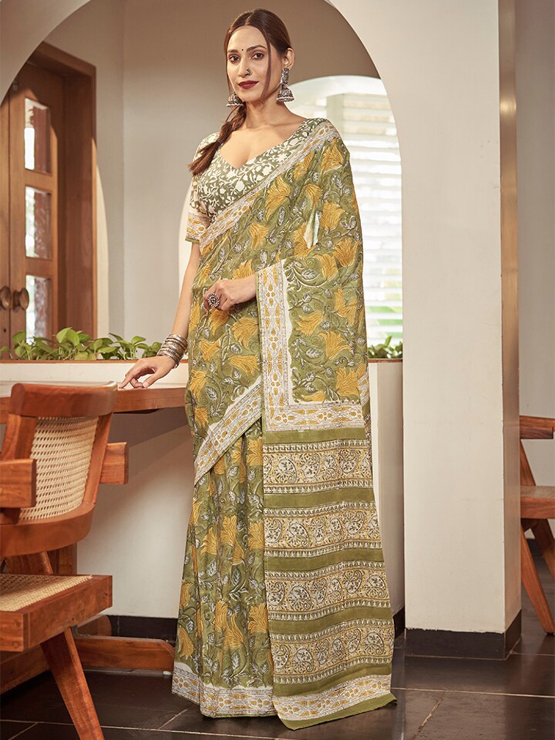 

modeva Floral Printed Pure Cotton Ready To Wear Bagru Printed Saree, Green