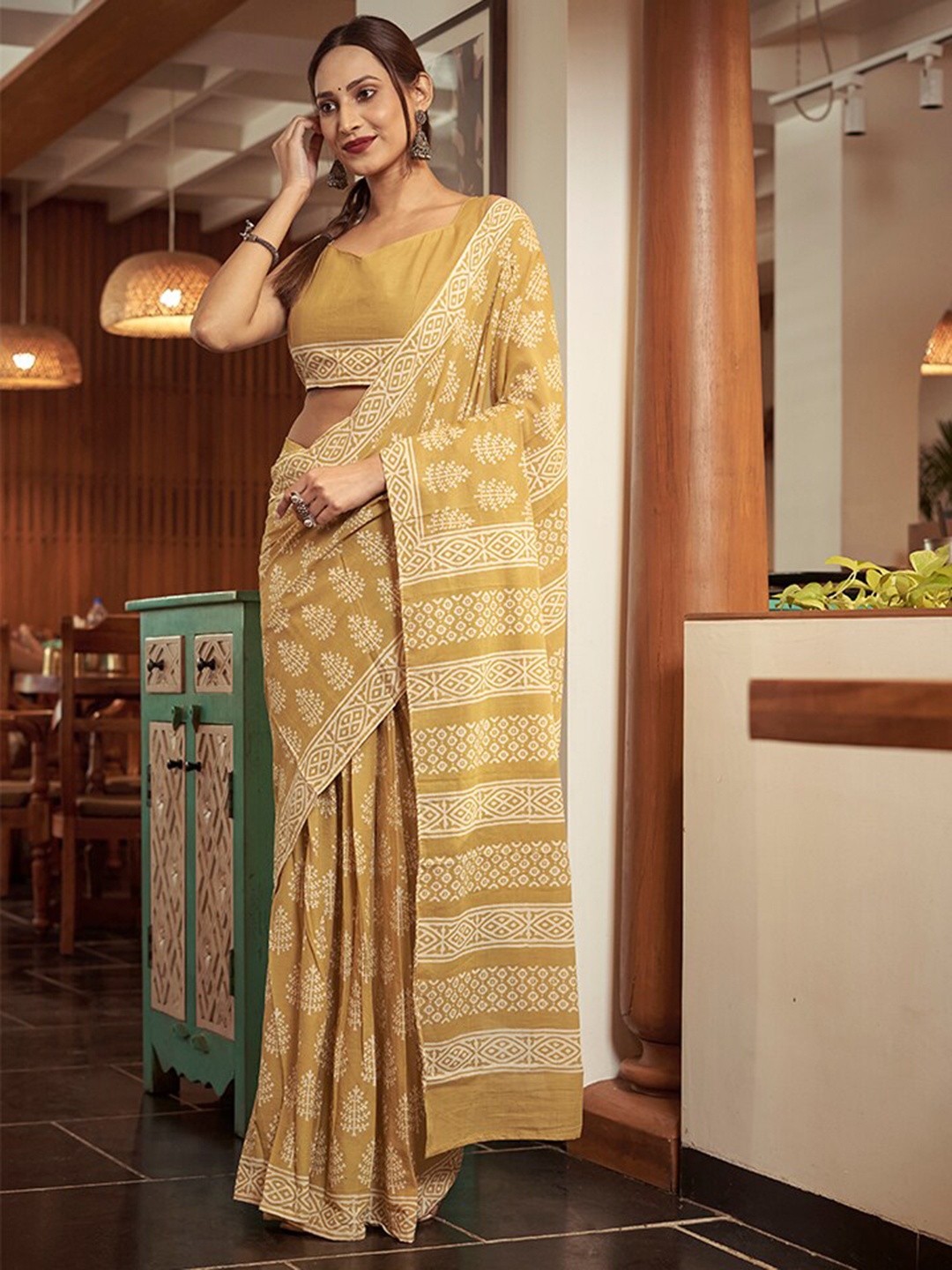 

modeva Ethnic Motifs Pure Cotton Ready to Wear Bagru Saree, Mustard