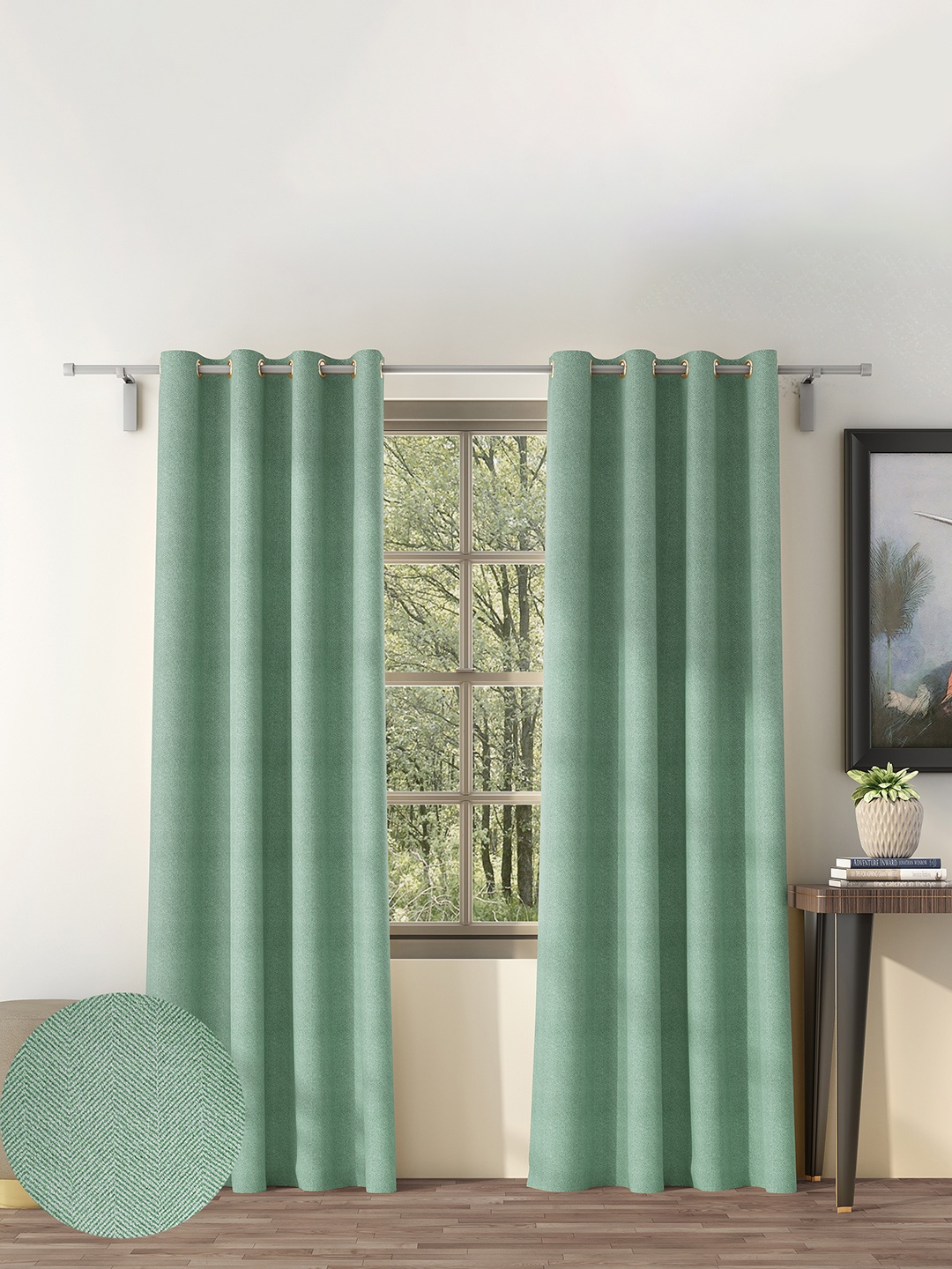 

CASABLEU Sea Green 2 Pieces Self Design Black Out Door Curtain