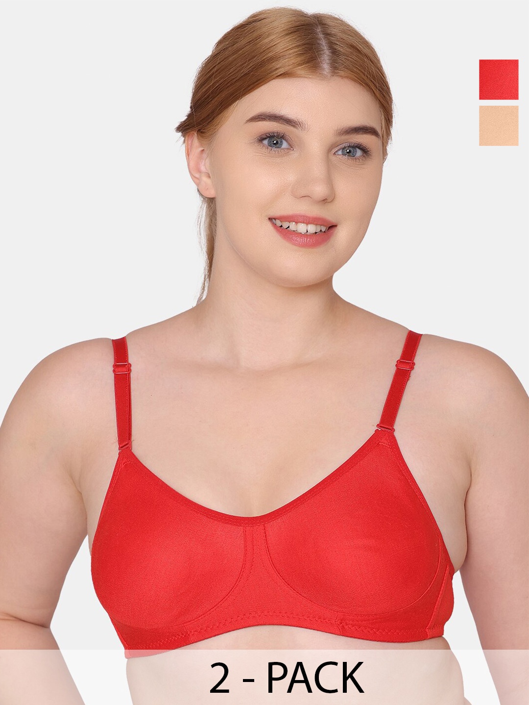 

KOMLI Pack Of 2 Non-Padded Non Wired Seamless Cotton T-Shirt Bra With All Day Comfort, Red