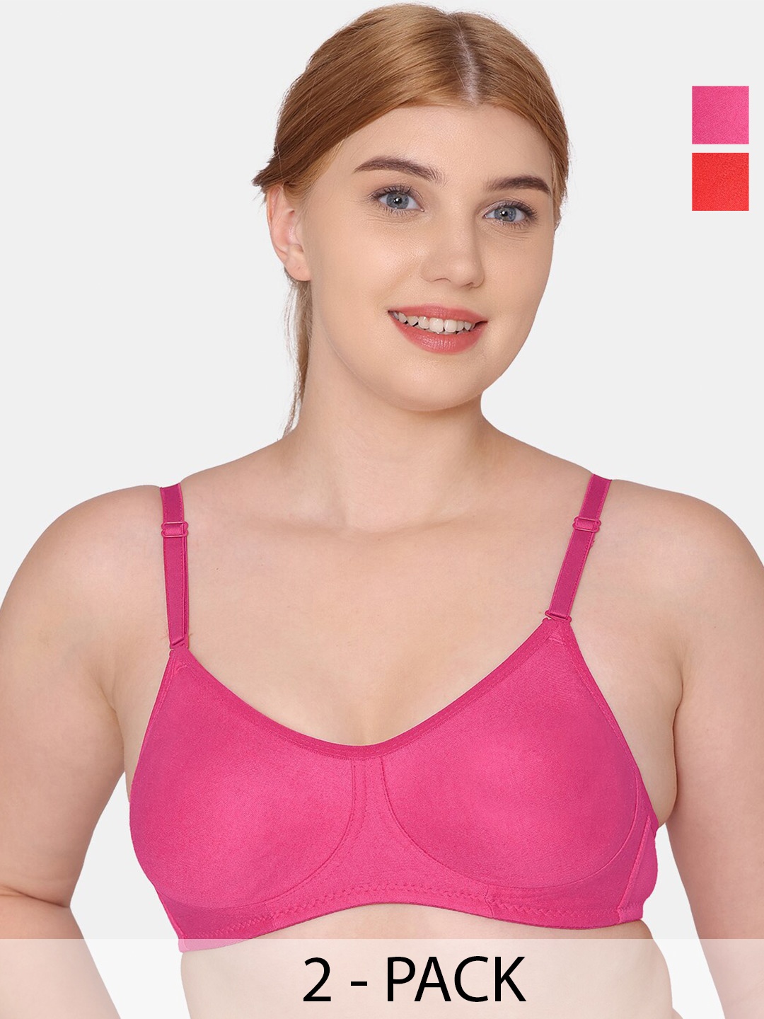 

KOMLI Pack Of 2 Full Coverage Non Padded Cotton Everyday Bra With All Day Comfort, Pink