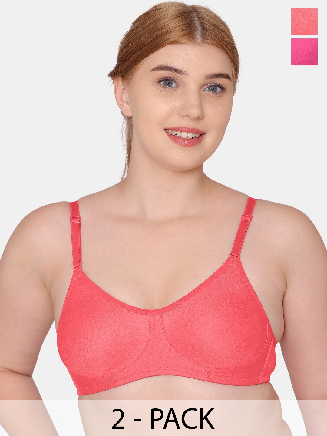 

KOMLI Pack Of 2 Full Coverage Non Padded Cotton T-shirt Bras With All Day Comfort, Pink