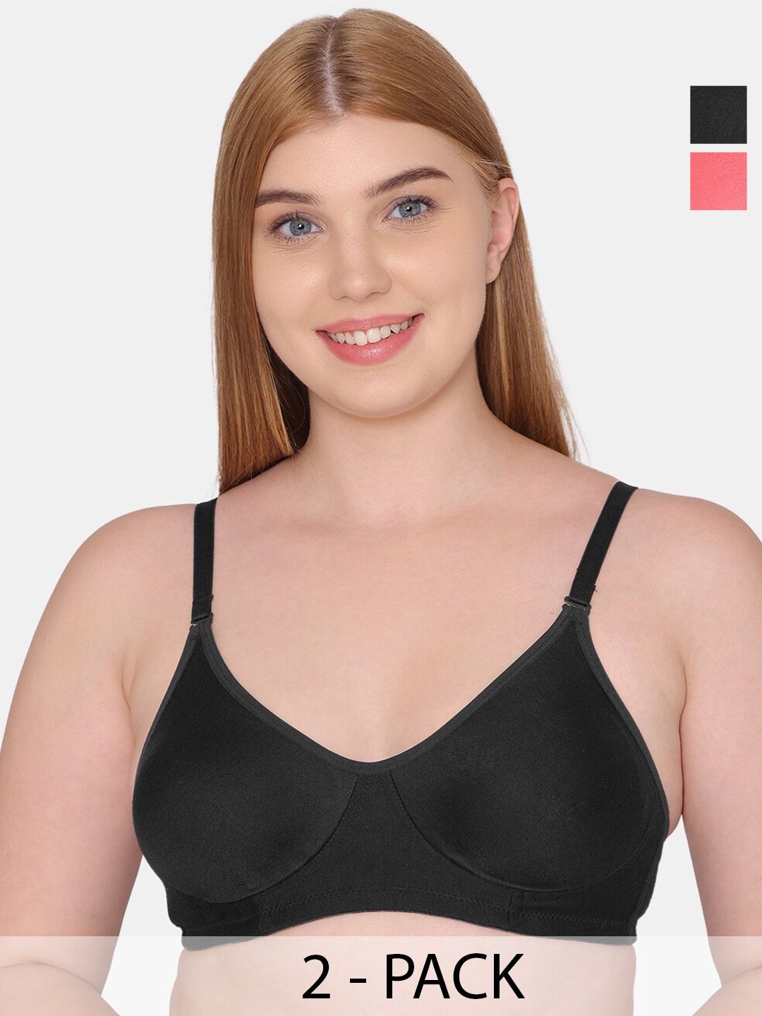 

KOMLI Pack Of 2 Full Coverage Non Padded Cotton Everyday Bra With All Day Comfort, Black