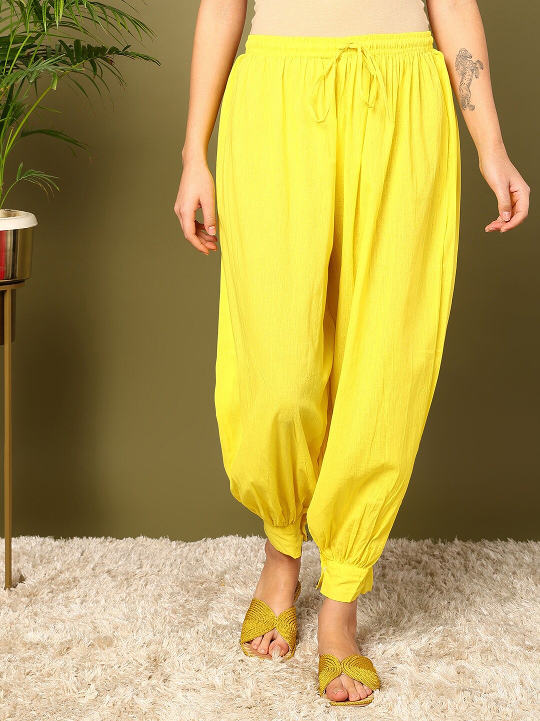 

mokshi Women Pure-Cotton Loose-Fit Harem Pants, Yellow