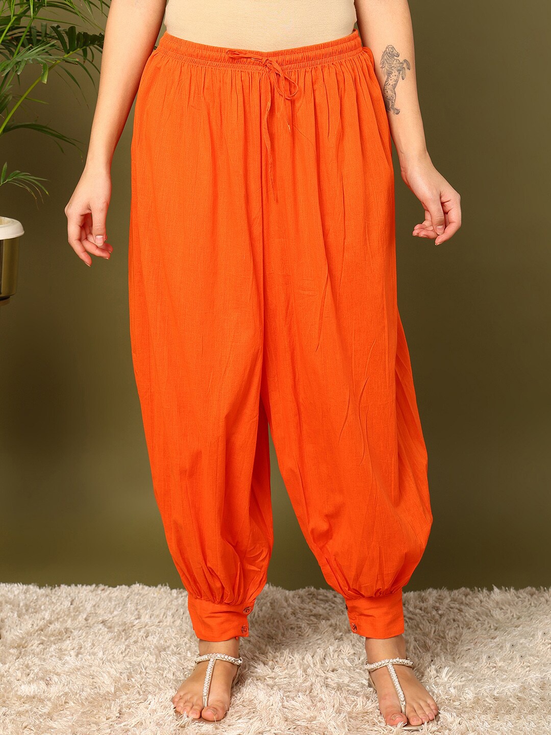 

mokshi Women Pure-Cotton Loose-Fit Harem Pants, Orange