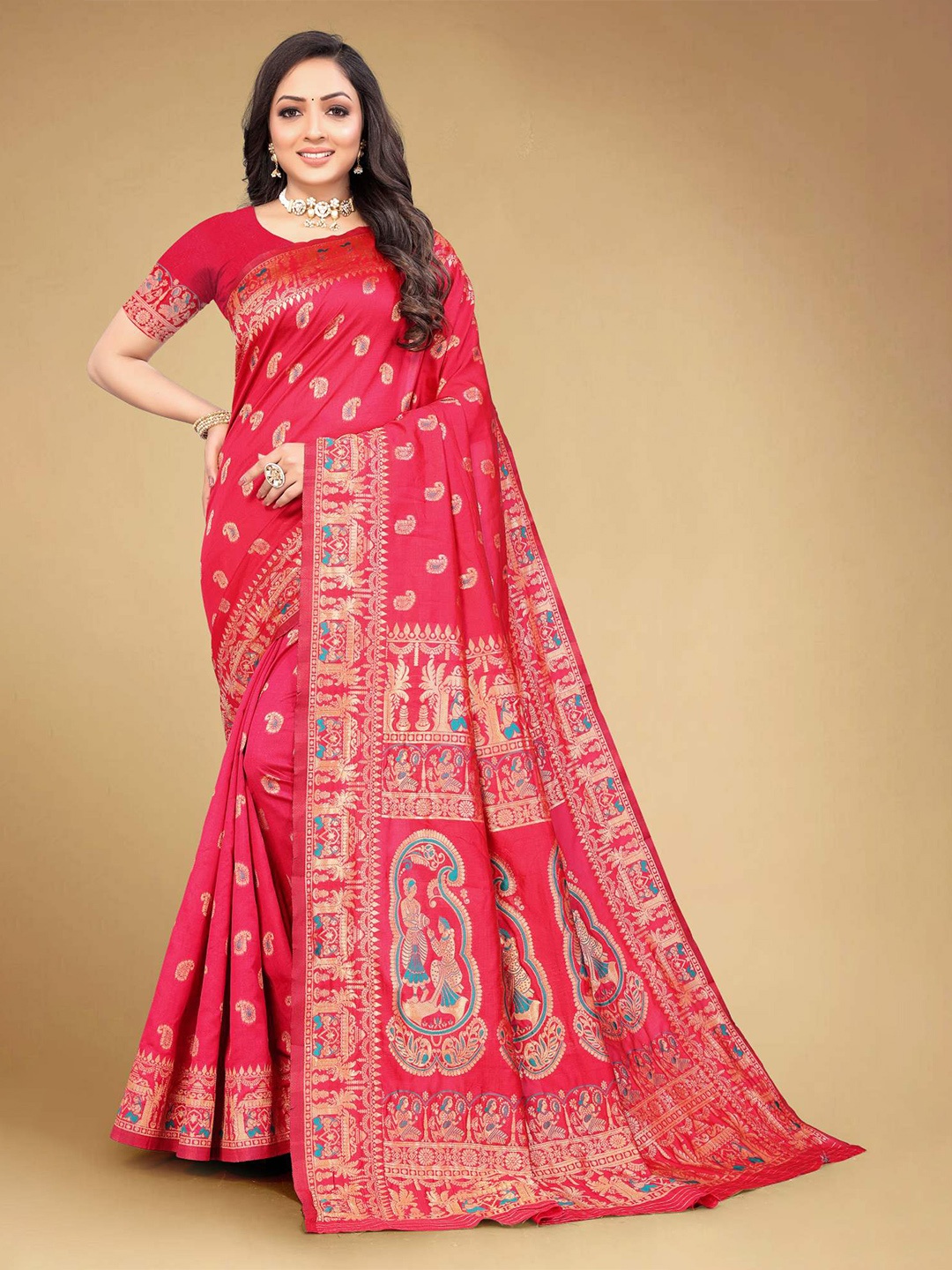 

MUKHITA Ethnic Motifs Woven Design Zari Silk Blend Baluchari Saree, Pink