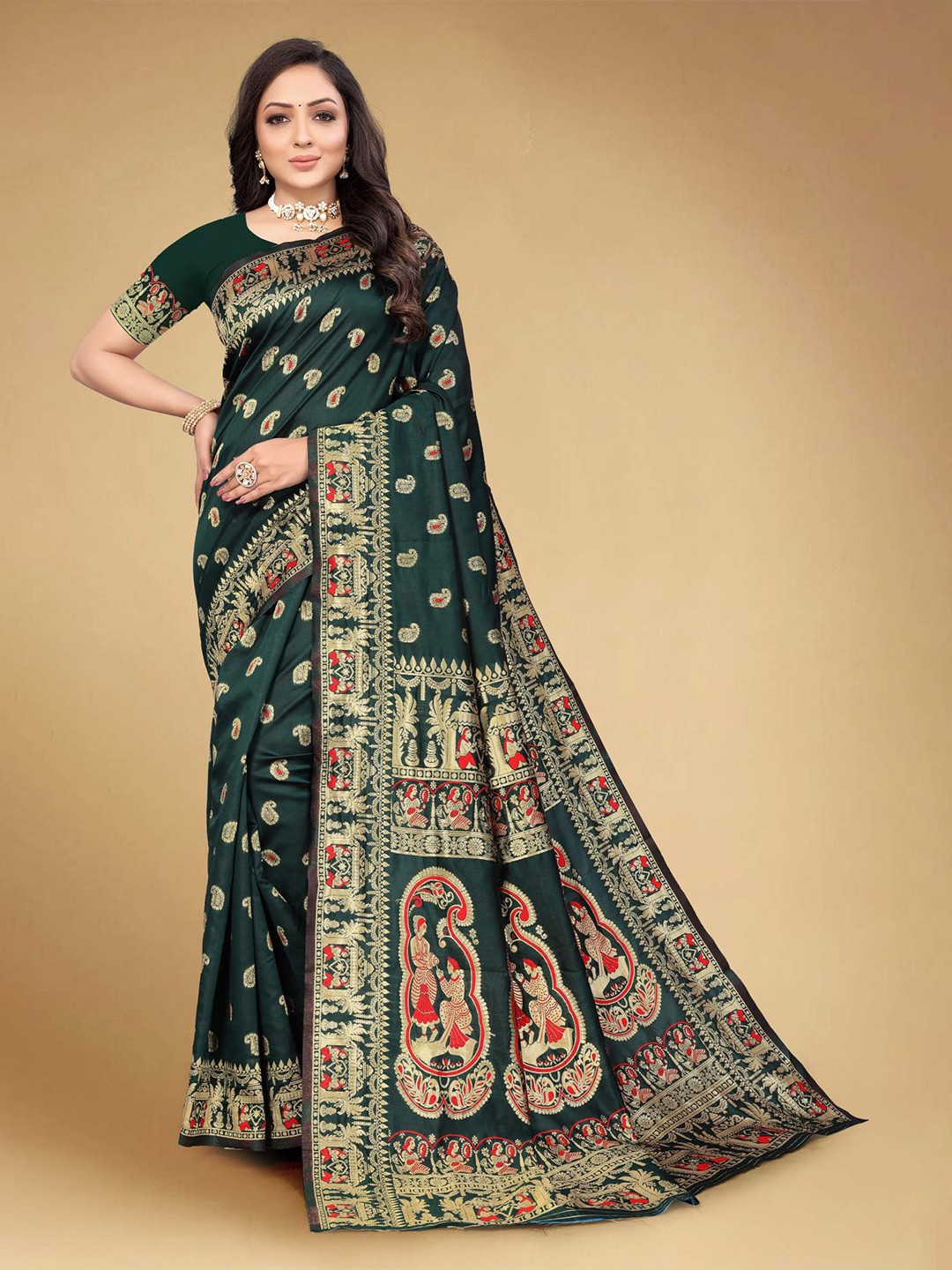 

MUKHITA Ethnic Motifs Woven Design Zari Silk Blend Baluchari Saree, Green