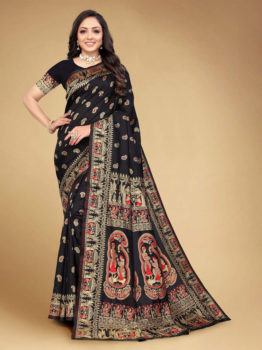 

MUKHITA Ethnic Motifs Woven Design Zari Silk Blend Baluchari Saree, Black