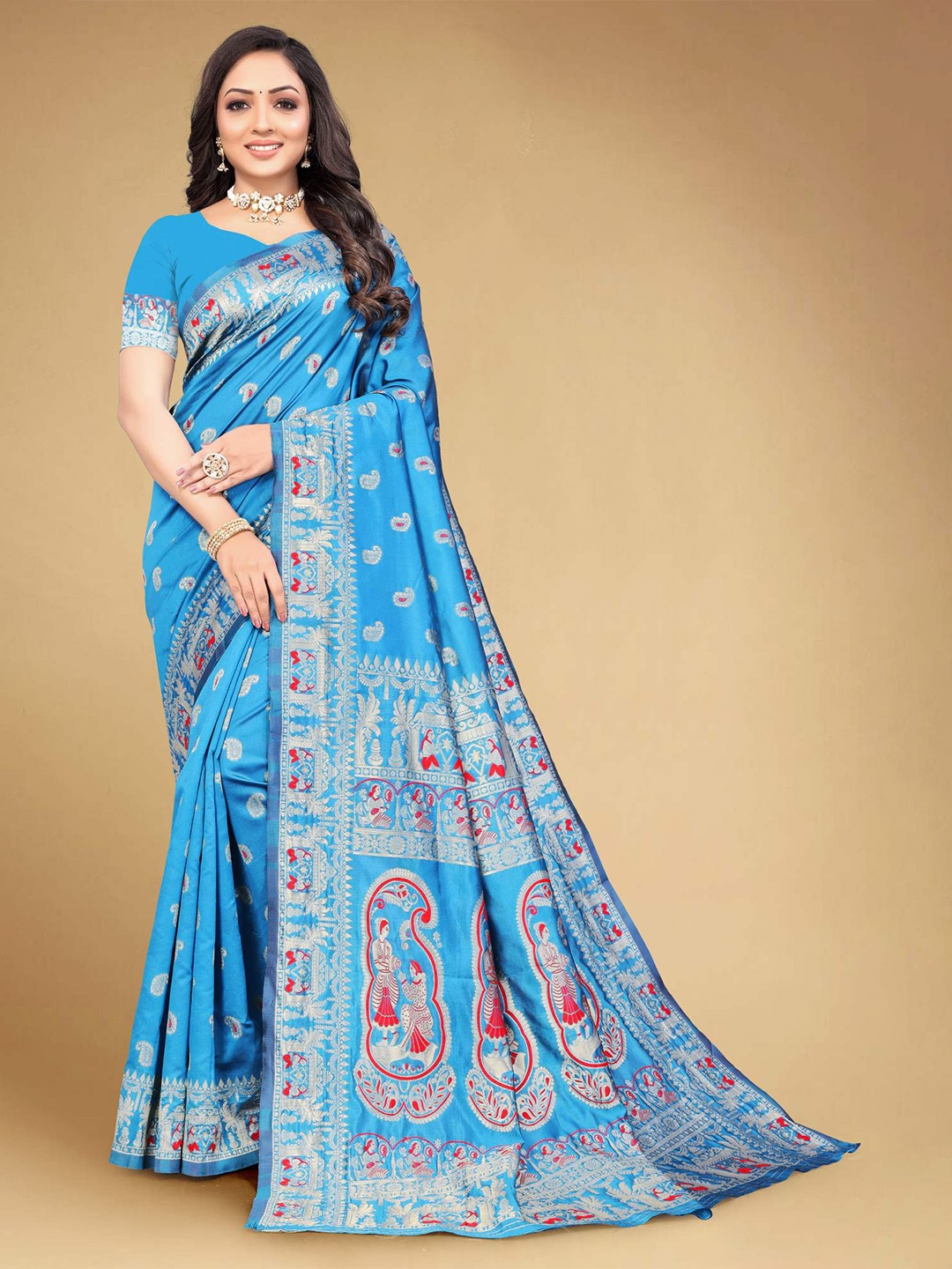 

MUKHITA Ethnic Motifs Woven Design Zari Silk Blend Baluchari Saree, Turquoise blue
