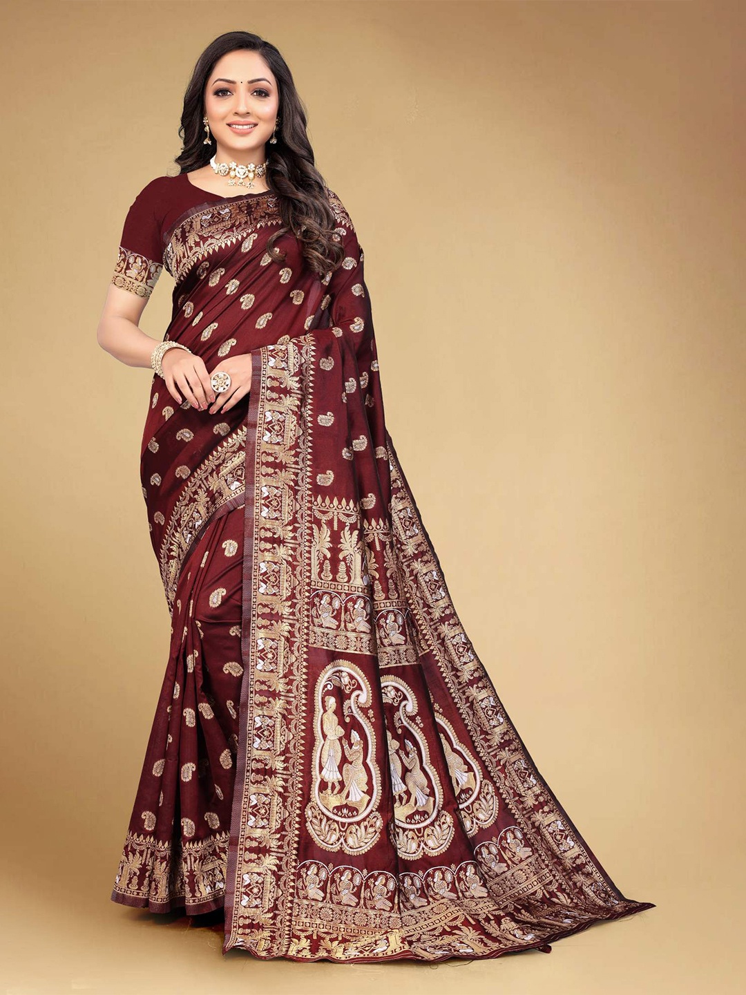 

MUKHITA Ethnic Motifs Woven Design Zari Silk Blend Baluchari Saree, Maroon