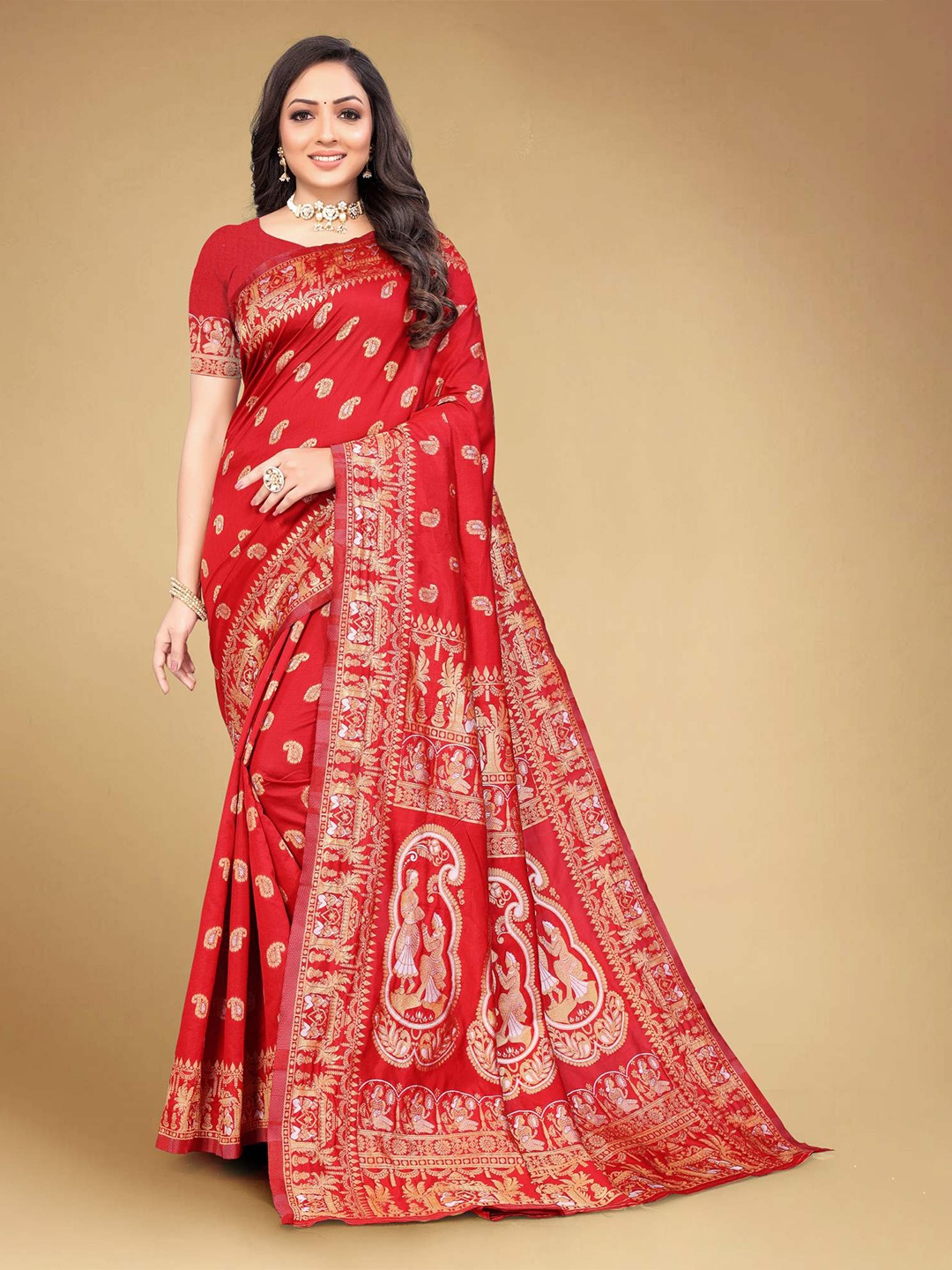

MUKHITA Ethnic Motifs Woven Design Zari Silk Blend Baluchari Saree, Red