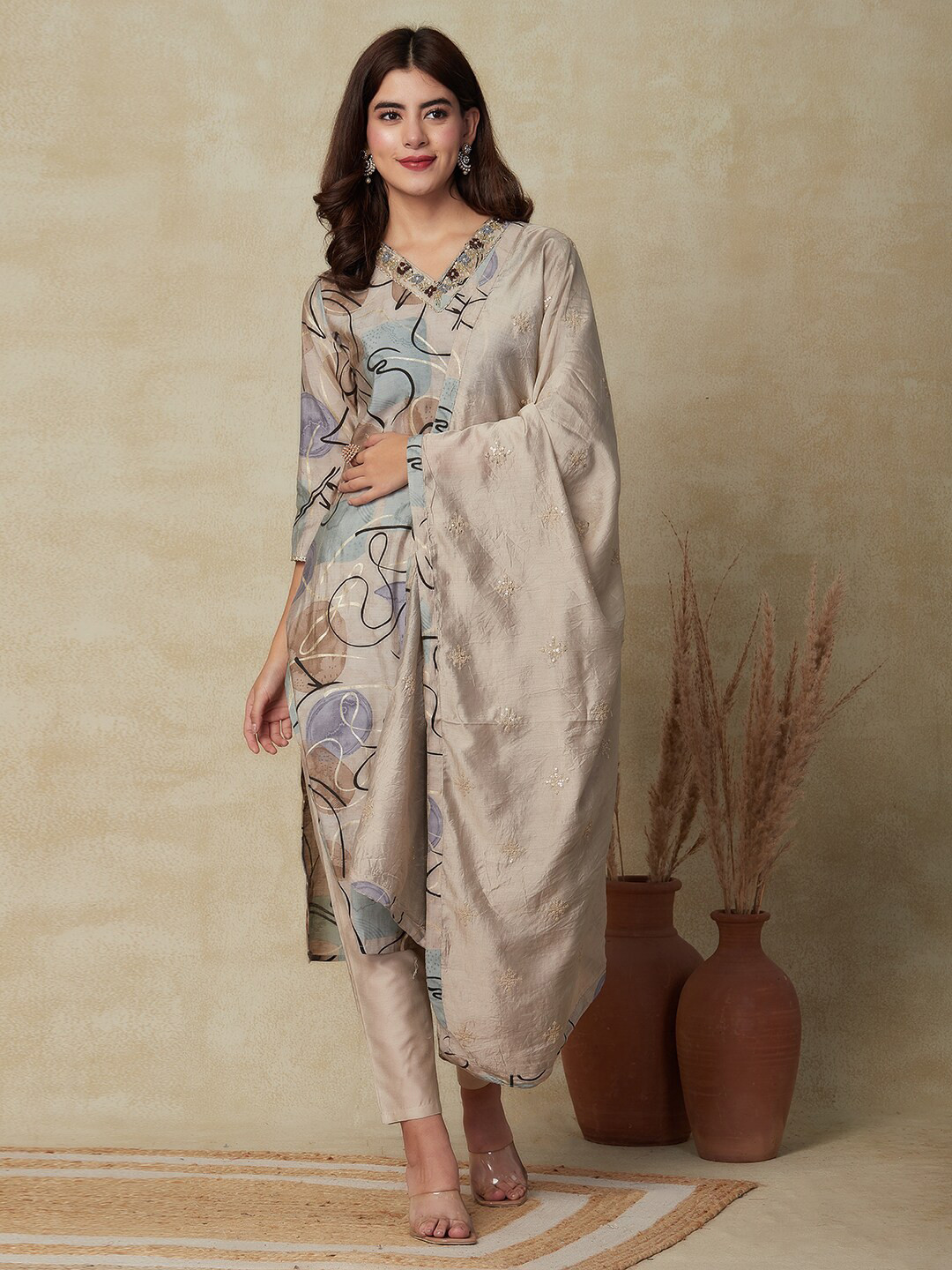 

FASHOR Quirky Printed Straight Kurta with Trousers & Dupatta, Taupe